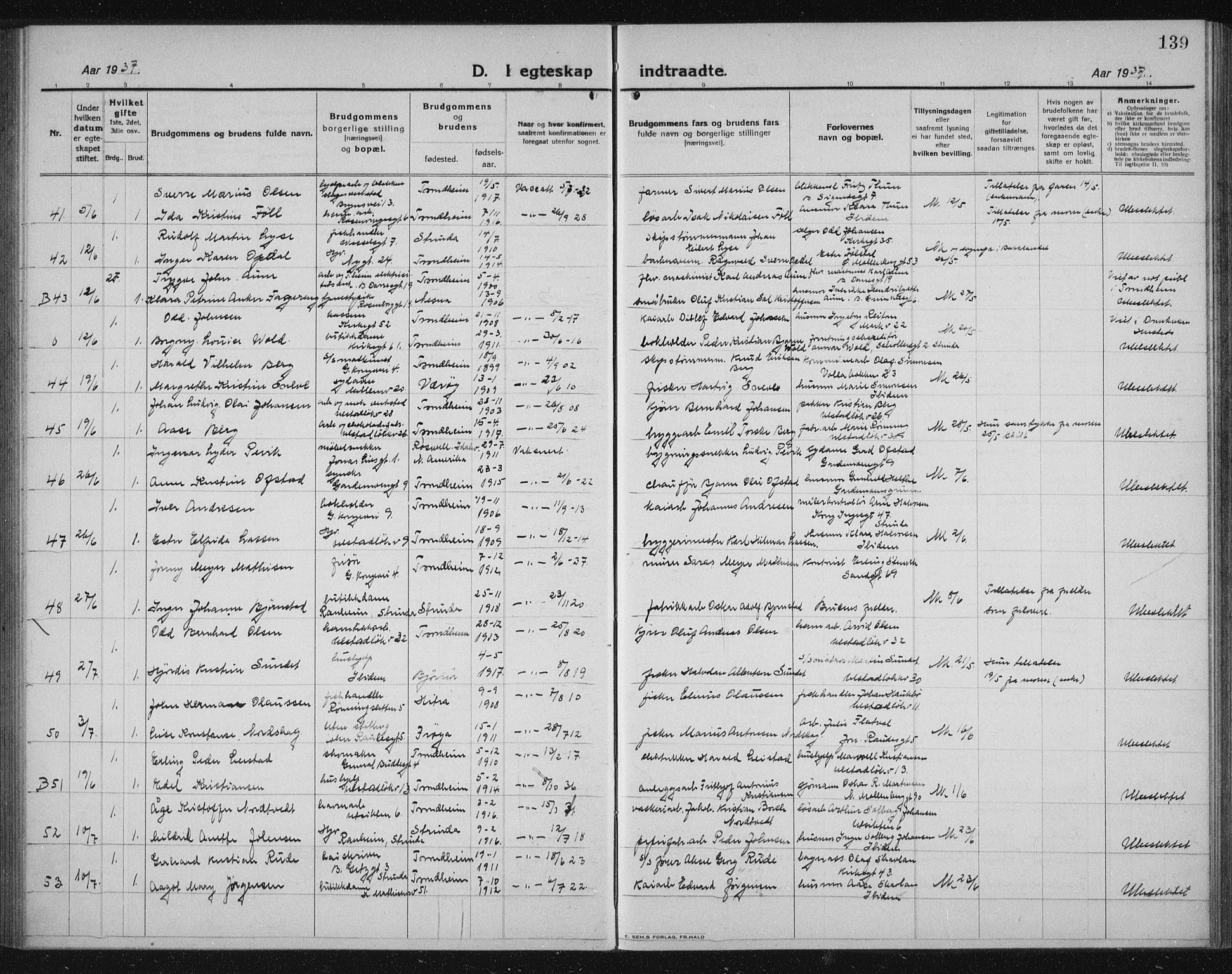 Ministerialprotokoller, klokkerbøker og fødselsregistre - Sør-Trøndelag, AV/SAT-A-1456/605/L0260: Klokkerbok nr. 605C07, 1922-1942, s. 139