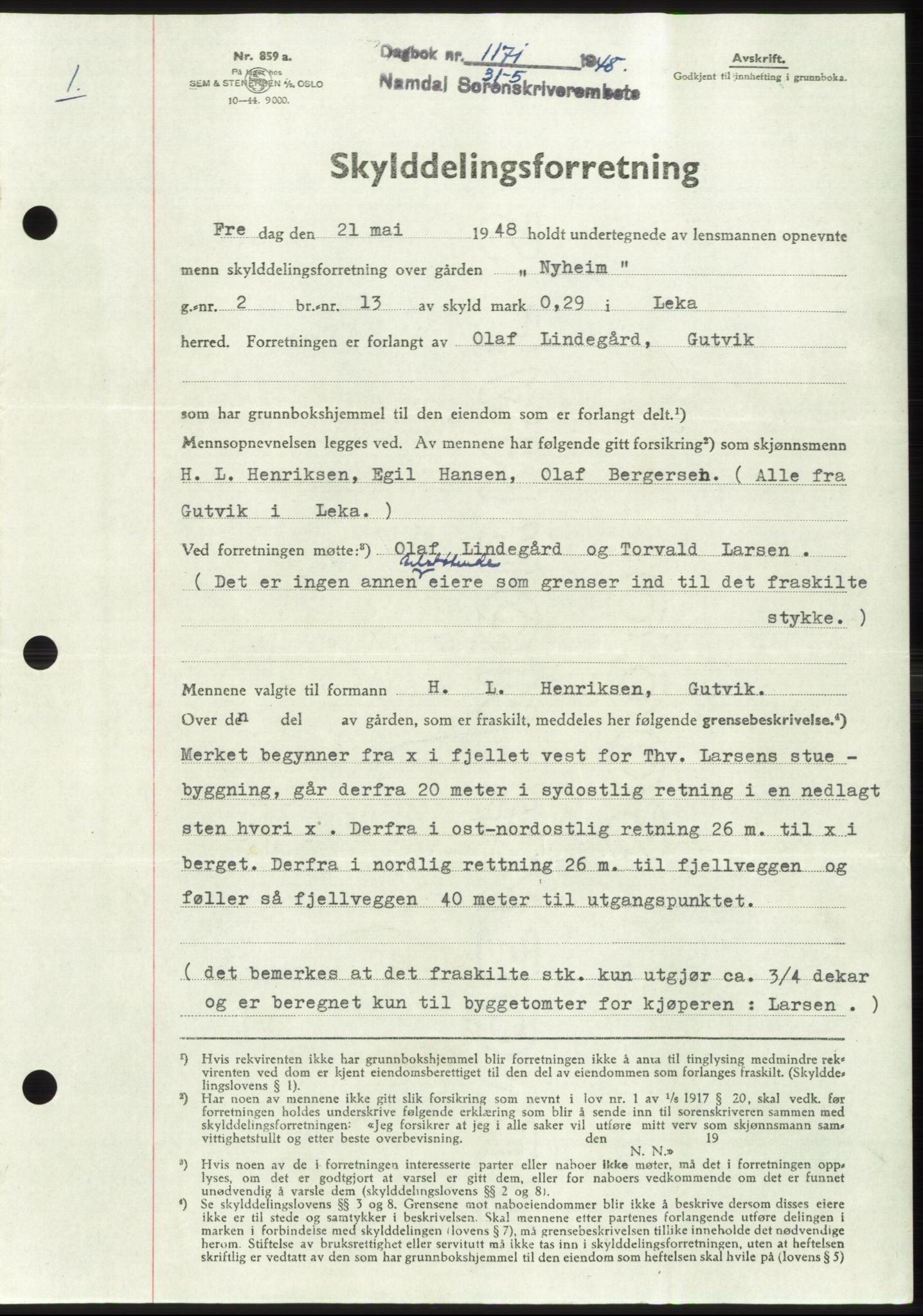 Namdal sorenskriveri, SAT/A-4133/1/2/2C: Pantebok nr. -, 1947-1948, Dagboknr: 1171/1948