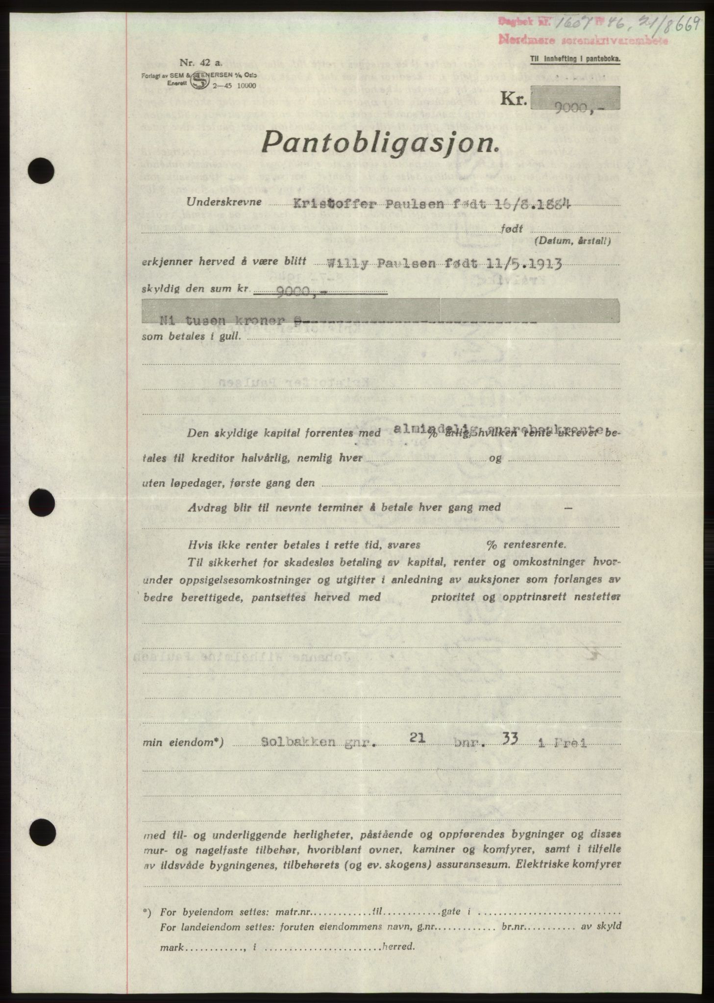 Nordmøre sorenskriveri, SAT/A-4132/1/2/2Ca: Pantebok nr. B94, 1946-1946, Dagboknr: 1607/1946