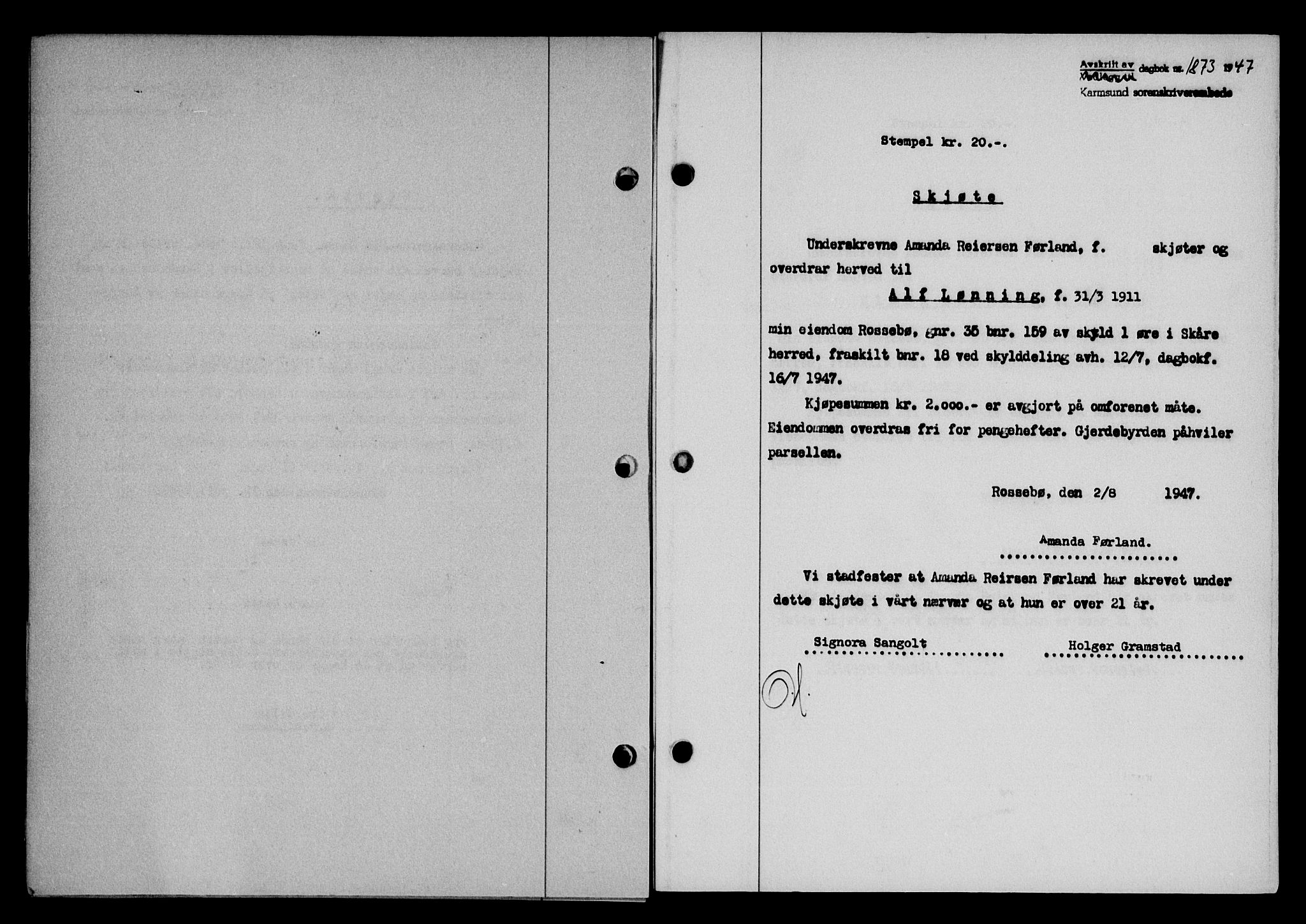 Karmsund sorenskriveri, SAST/A-100311/01/II/IIB/L0090: Pantebok nr. 70A, 1947-1947, Dagboknr: 1873/1947
