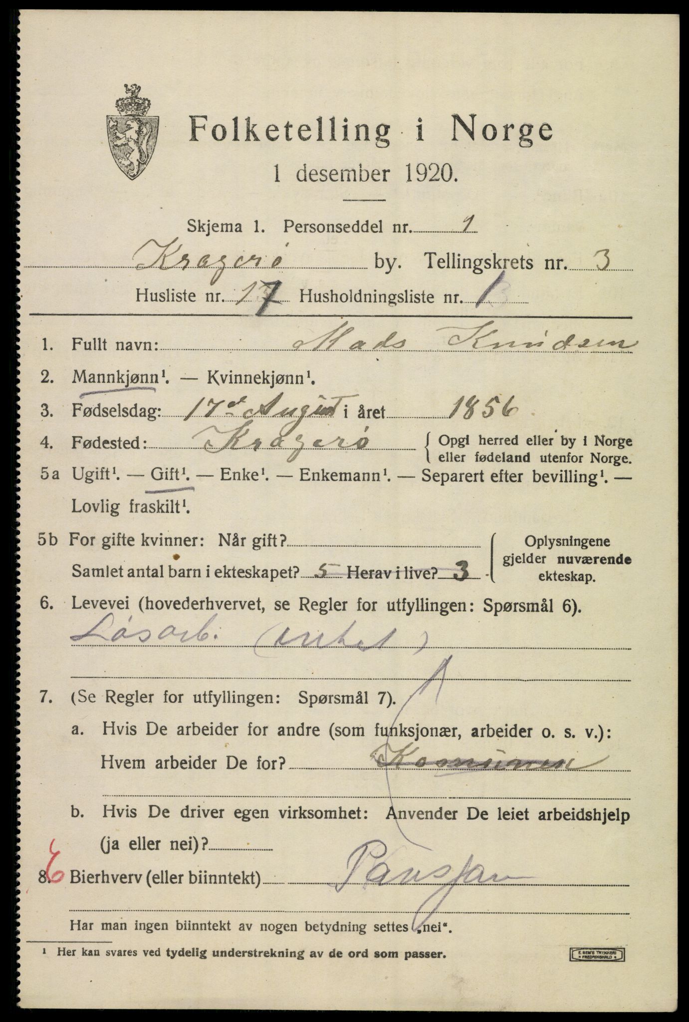 SAKO, Folketelling 1920 for 0801 Kragerø kjøpstad, 1920, s. 7261