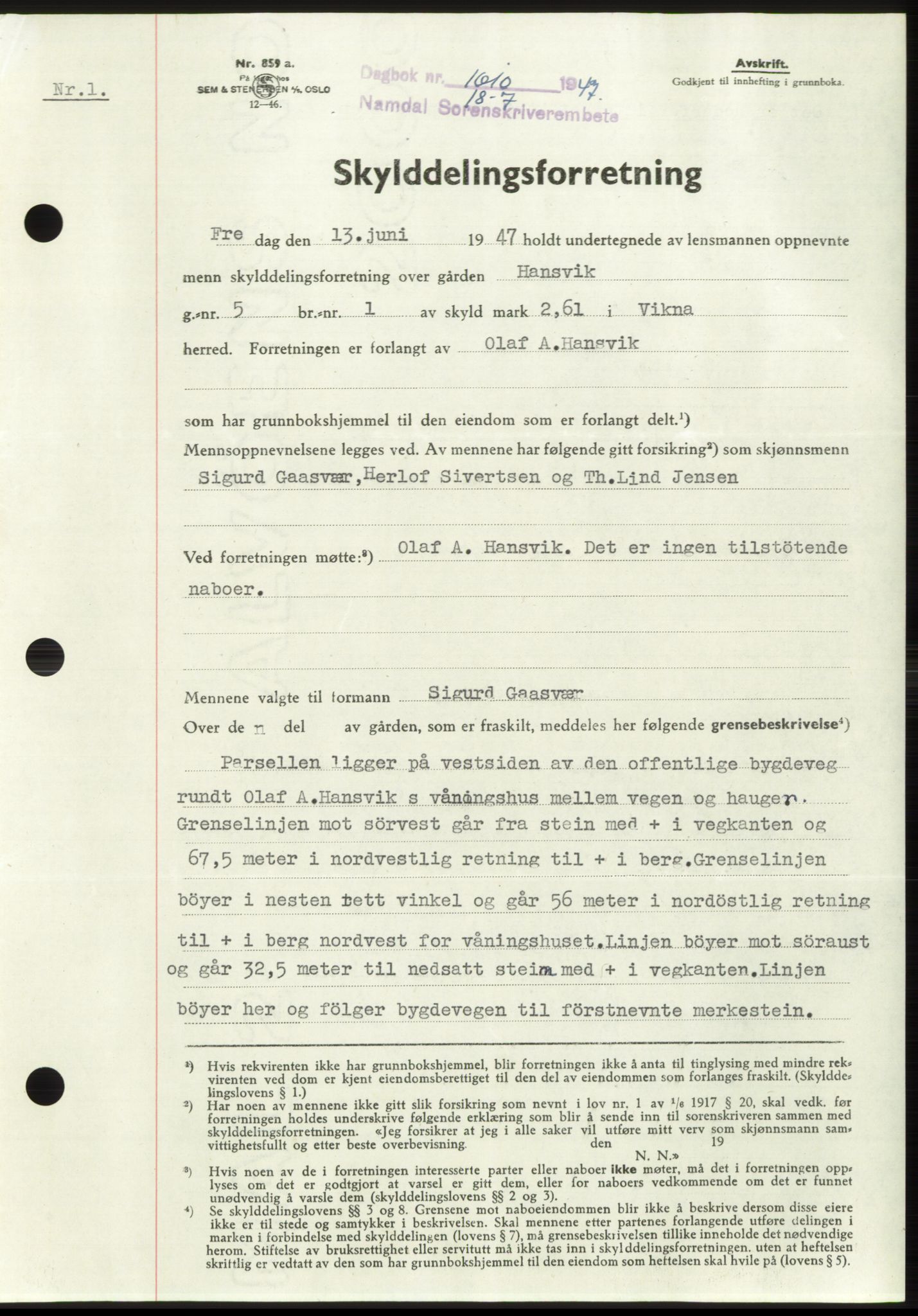 Namdal sorenskriveri, SAT/A-4133/1/2/2C: Pantebok nr. -, 1947-1947, Dagboknr: 1610/1947