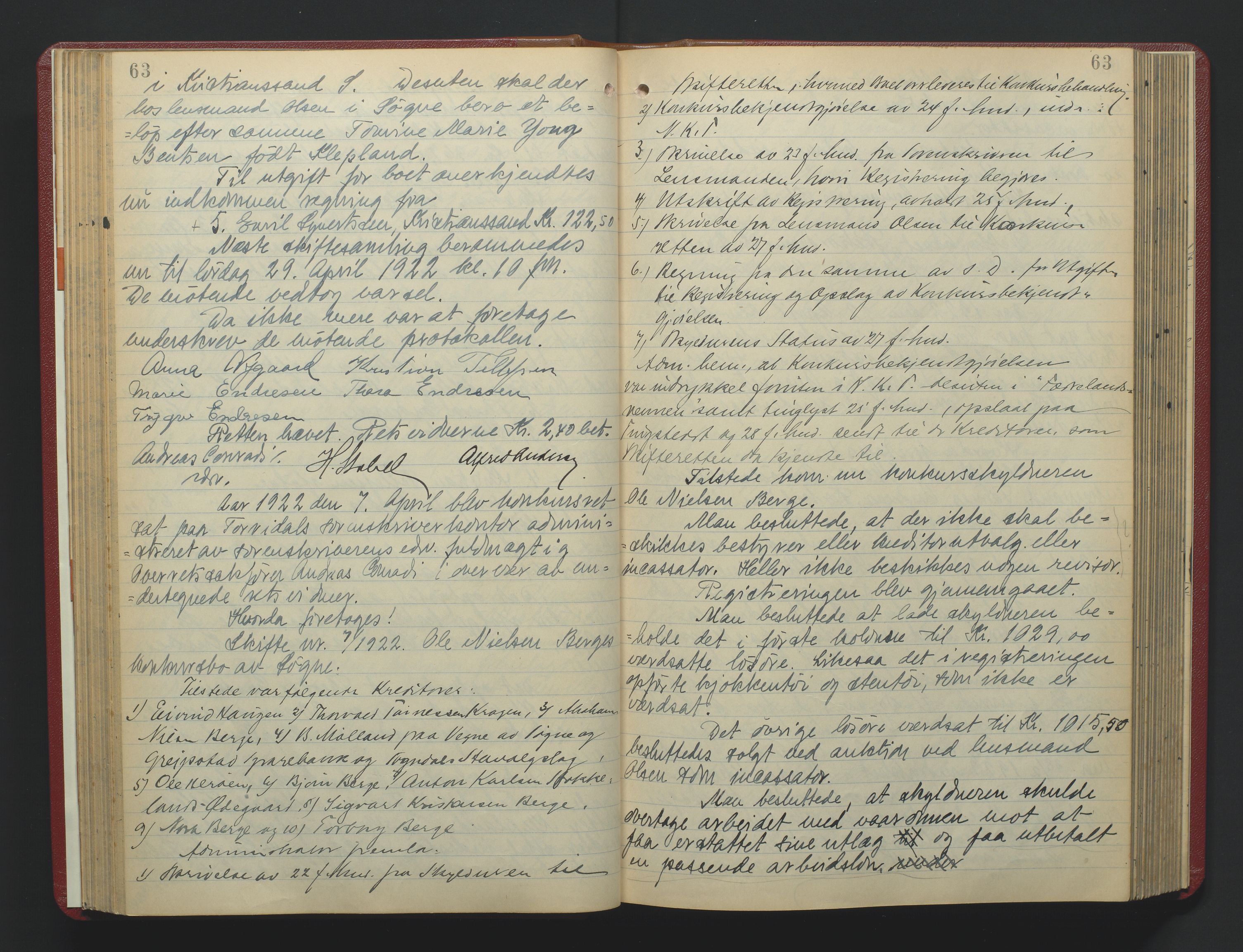 Torridal sorenskriveri, AV/SAK-1221-0012/H/Hc/L0024: Skifteforhandlingsprotokoll med navneregister nr. 10, 1921-1925, s. 63
