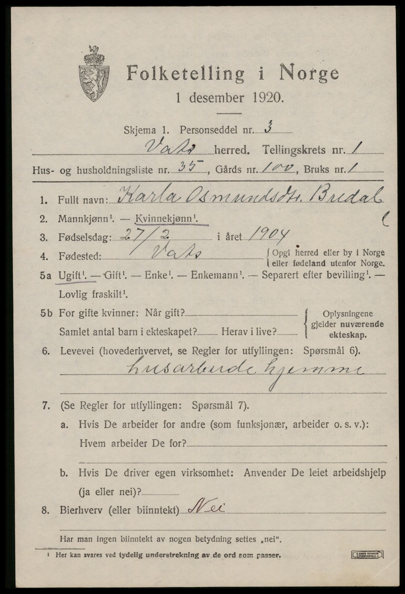 SAST, Folketelling 1920 for 1155 Vats herred, 1920, s. 801