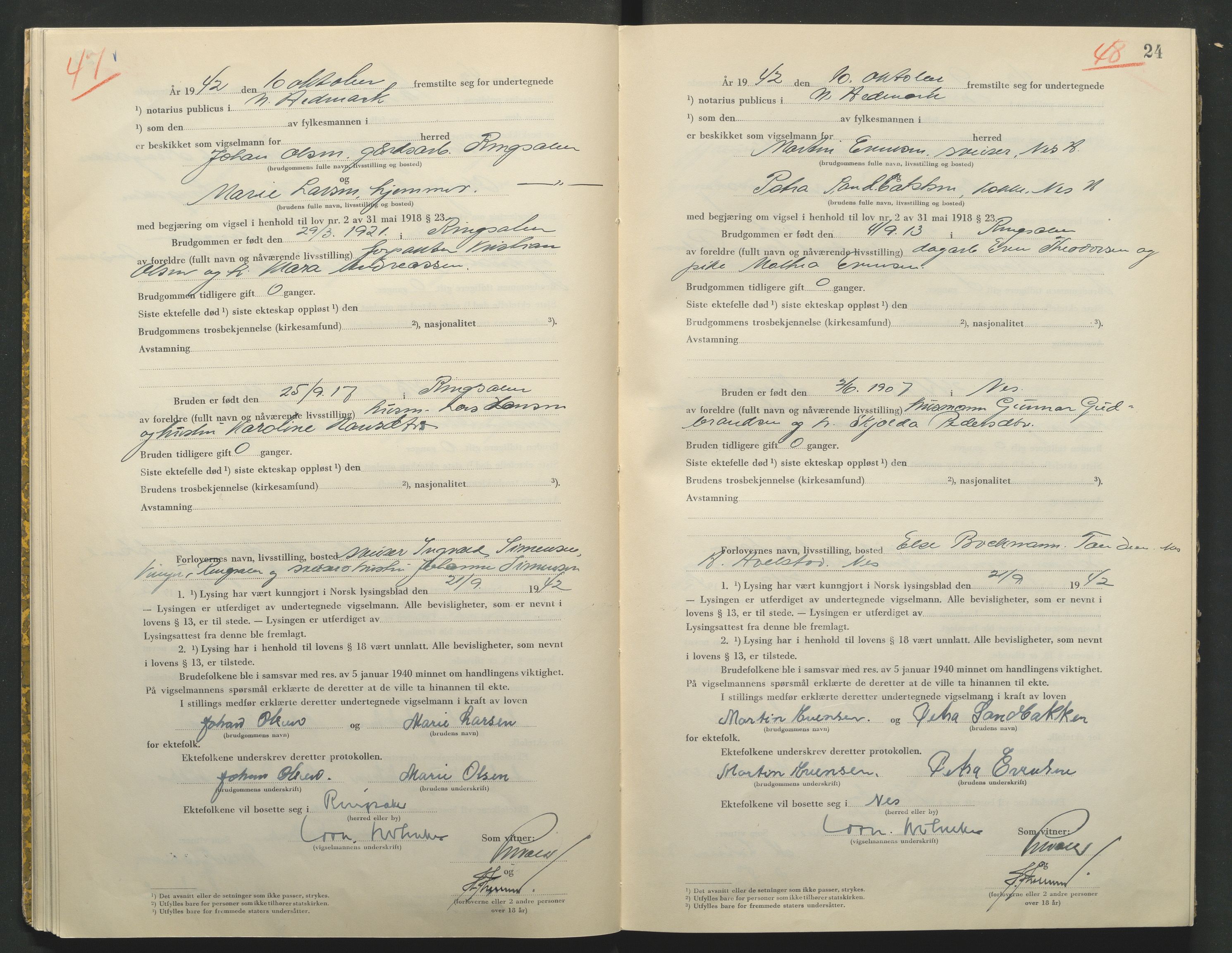 Nord-Hedmark sorenskriveri, AV/SAH-TING-012/L/Lc/L0001/0002: Vigselsprotokoller / Vigselsprotokoll, 1942-1943, s. 24
