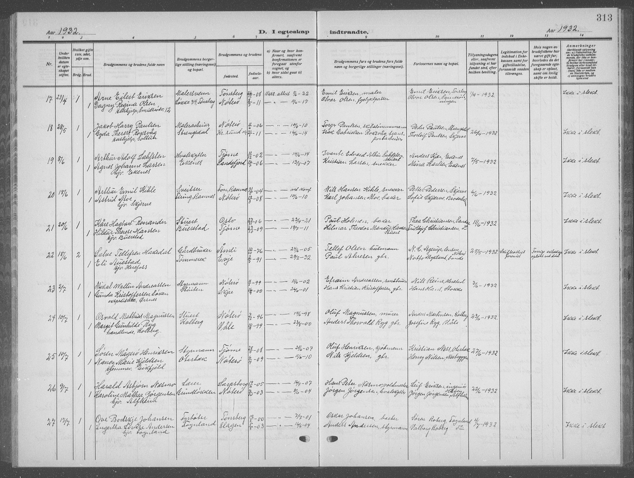 Nøtterøy kirkebøker, AV/SAKO-A-354/G/Ga/L0006: Klokkerbok nr. I 6, 1925-1939, s. 313