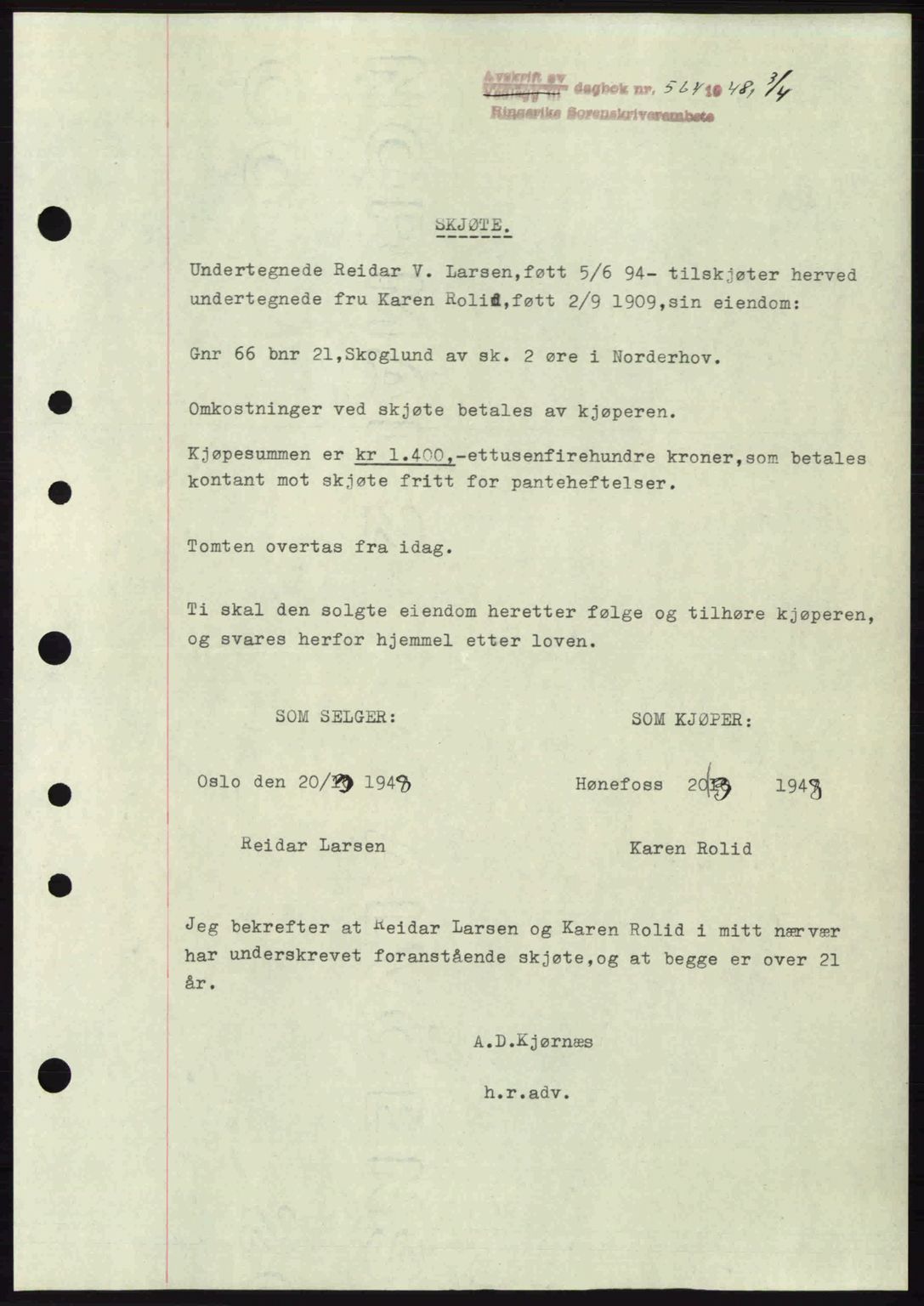 Ringerike sorenskriveri, SAKO/A-105/G/Ga/Gab/L0088: Pantebok nr. A-19, 1948-1948, Dagboknr: 564/1948