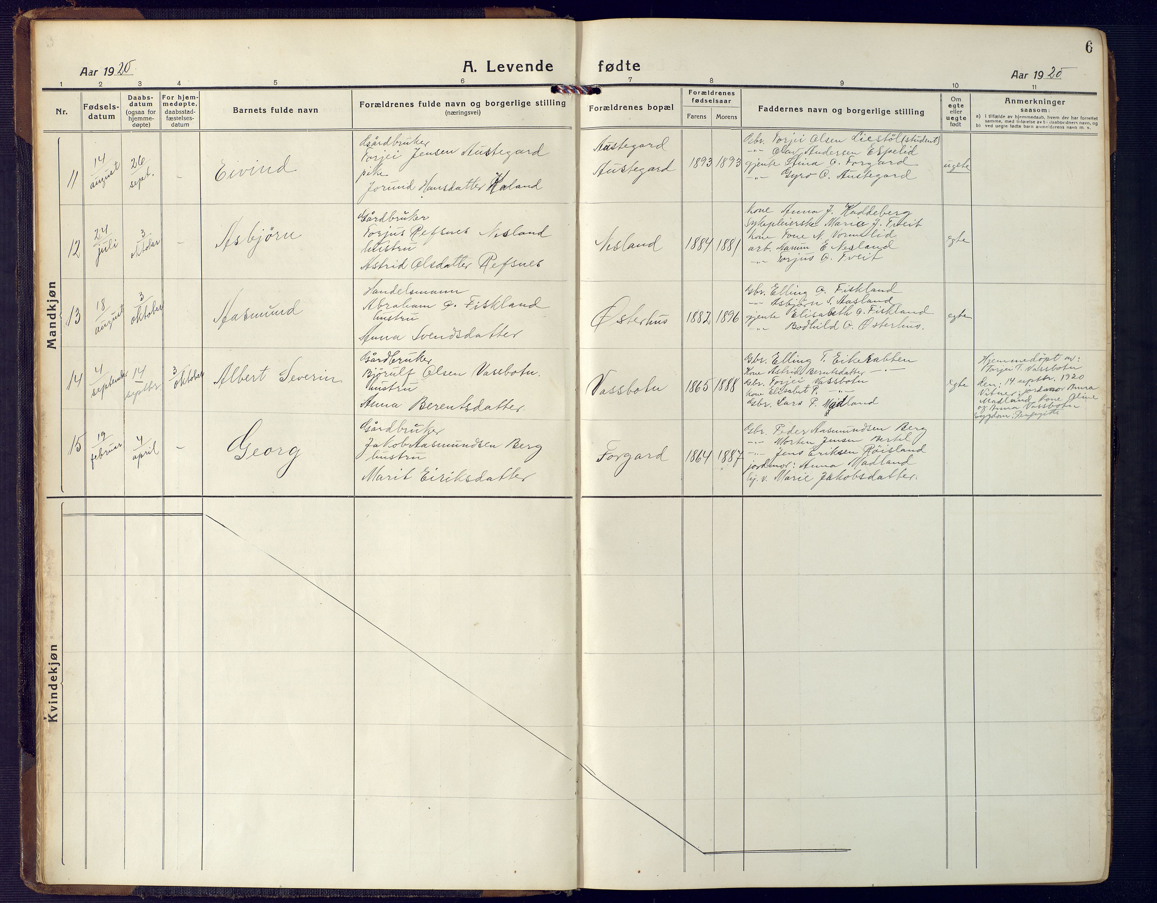 Åseral sokneprestkontor, AV/SAK-1111-0051/F/Fb/L0004: Klokkerbok nr. B 4, 1920-1946, s. 6