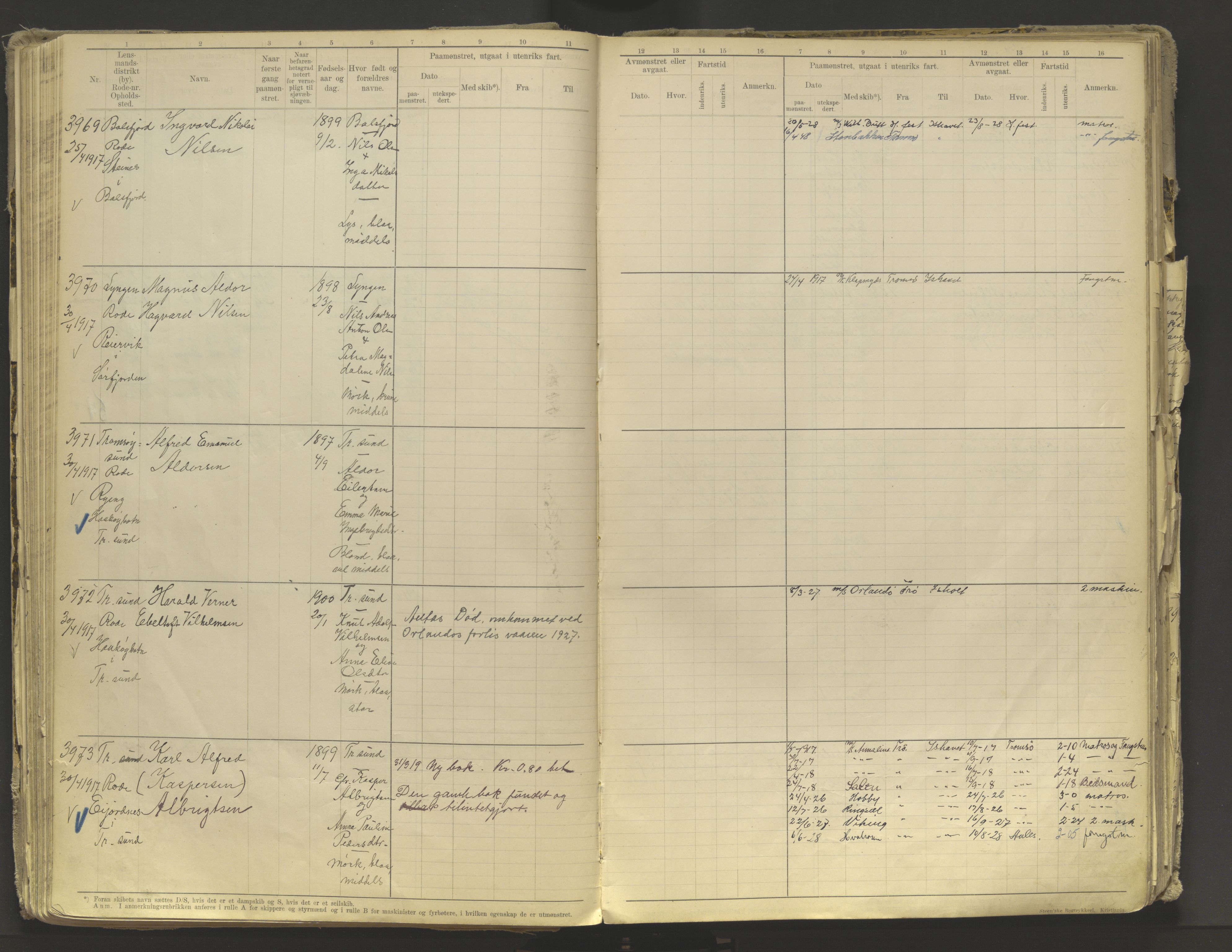 Tromsø sjømannskontor/innrullerings-/mønstringsdistrikt, AV/SATØ-S-0243/F/Fb/L0010: Annotasjonsrulle. Defekt: løs innbinding. Nr. 3519-4972, 1916-1920