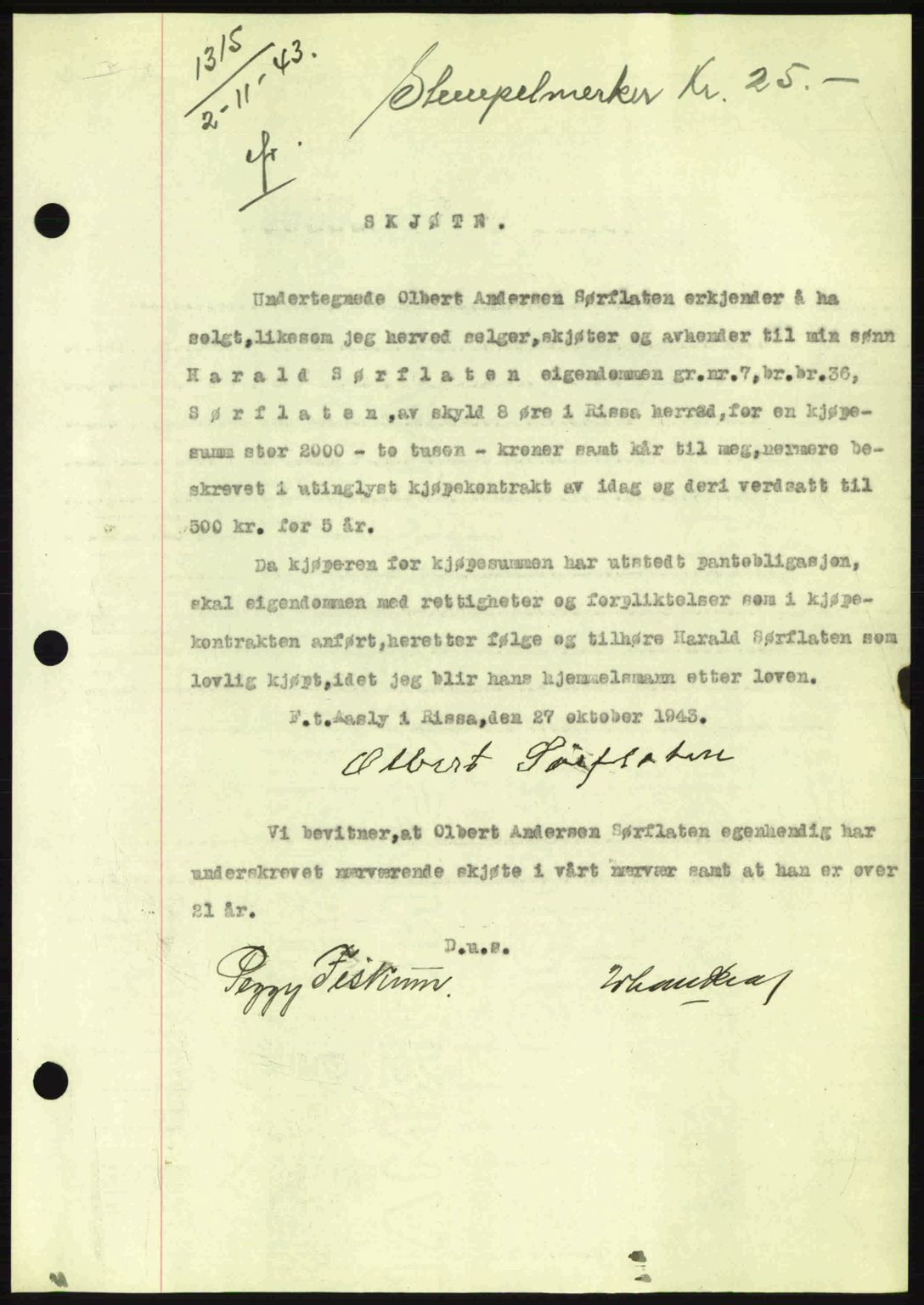 Fosen sorenskriveri, AV/SAT-A-1107/1/2/2C: Pantebok nr. A2, 1942-1943, Dagboknr: 1315/1943