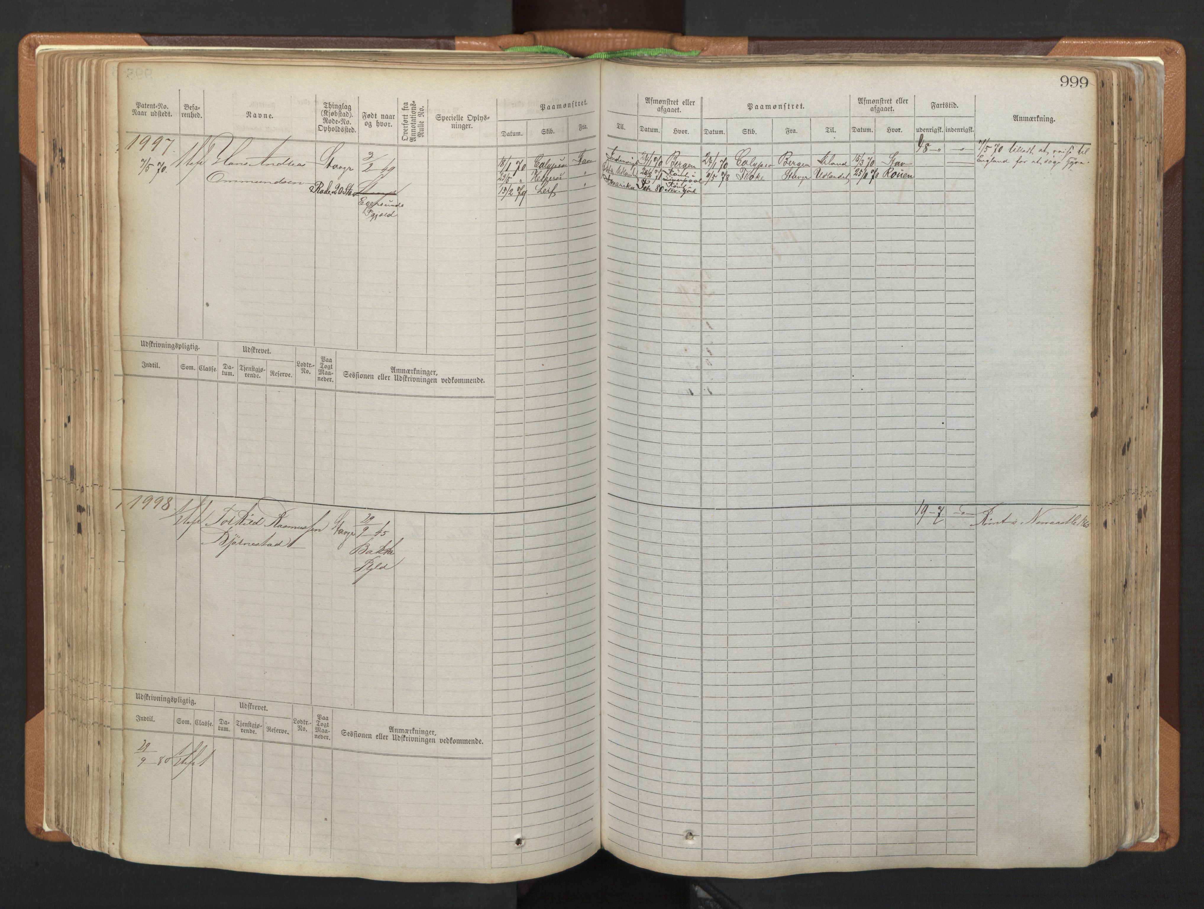 Stavanger sjømannskontor, SAST/A-102006/F/Fb/Fbb/L0006: Sjøfartshovedrulle, patentnr. 1607-2402 (del 3), 1869-1880, s. 199