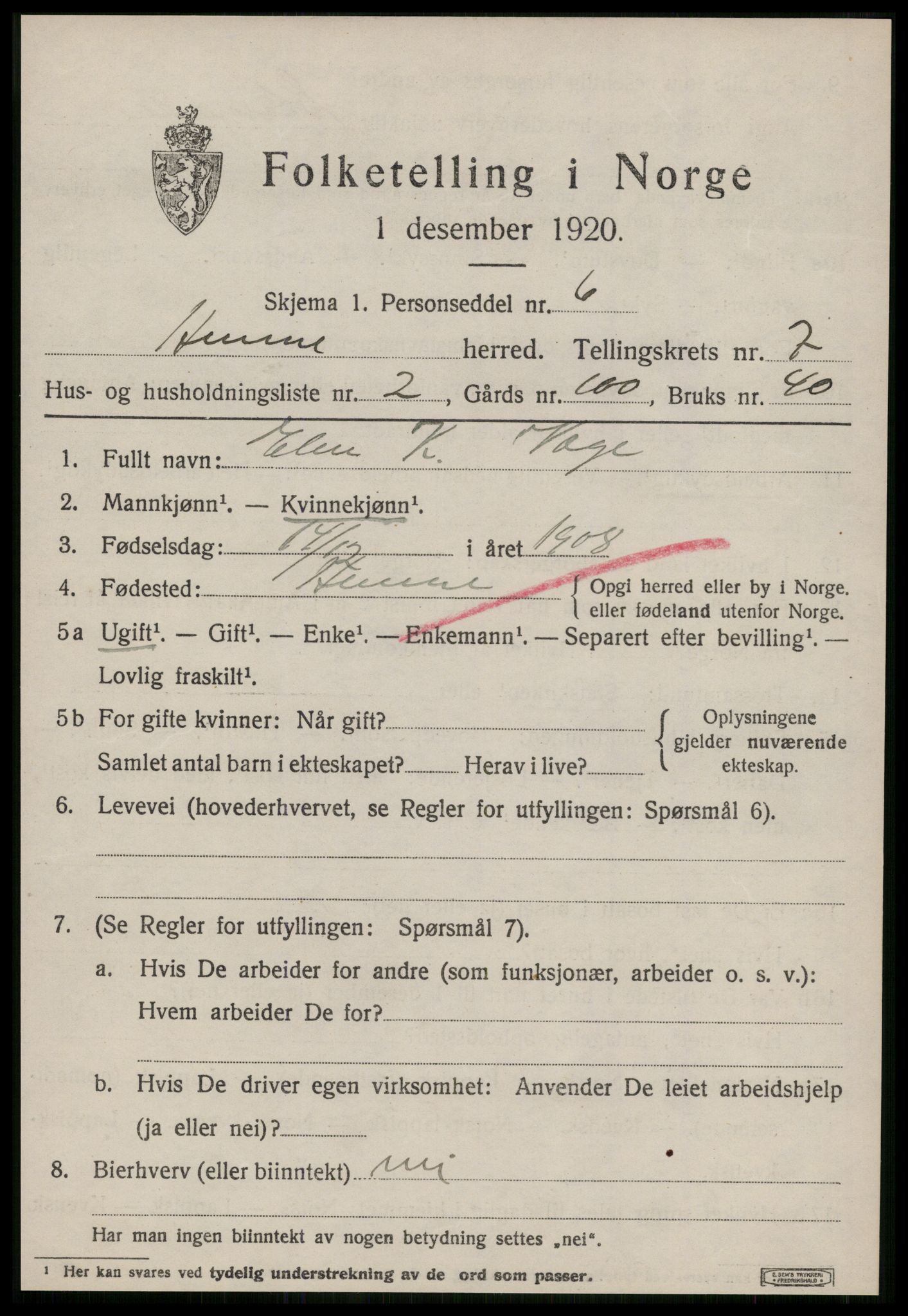 SAT, Folketelling 1920 for 1612 Hemne herred, 1920, s. 4014