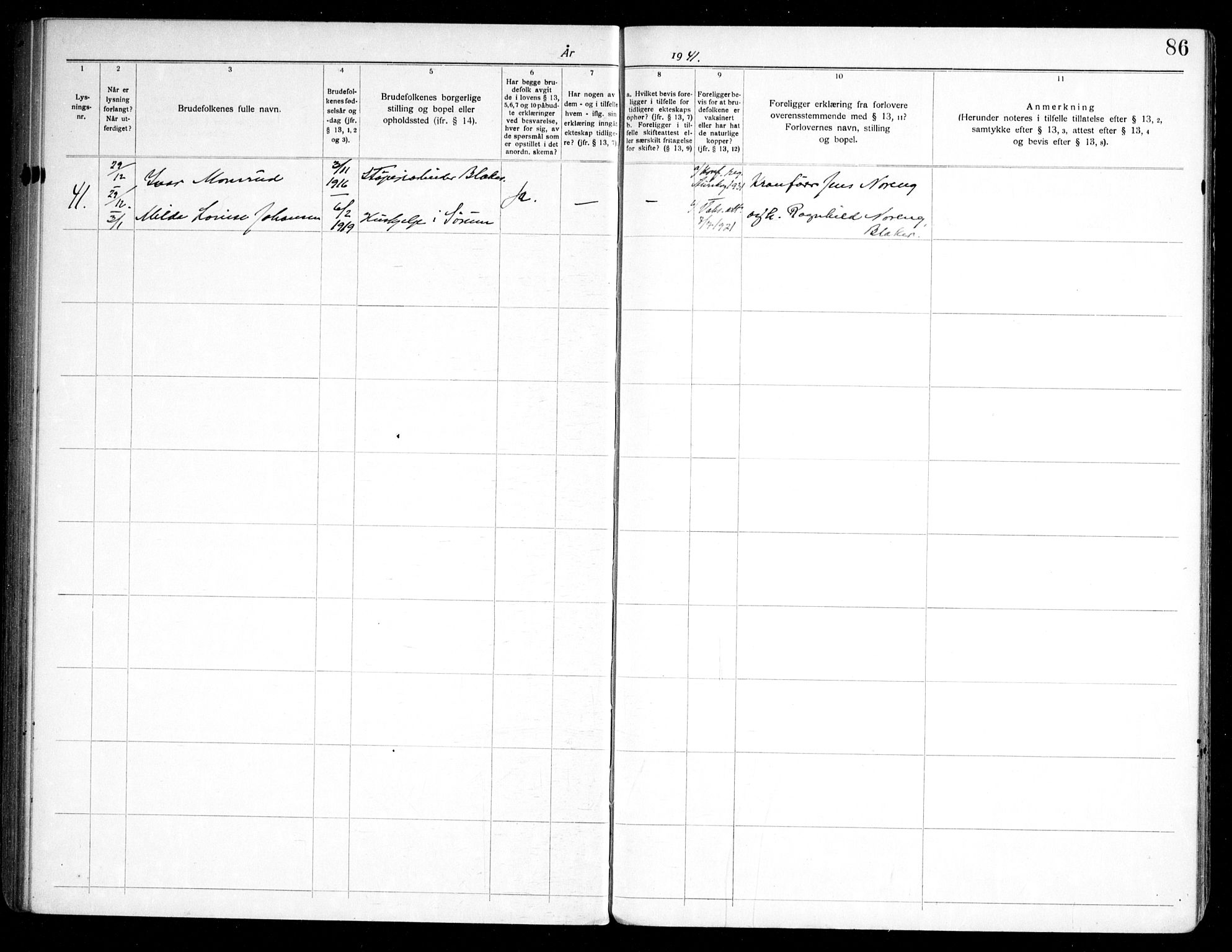 Aurskog prestekontor Kirkebøker, AV/SAO-A-10304a/H/Ha/L0002: Lysningsprotokoll nr. 2, 1919-1947, s. 86