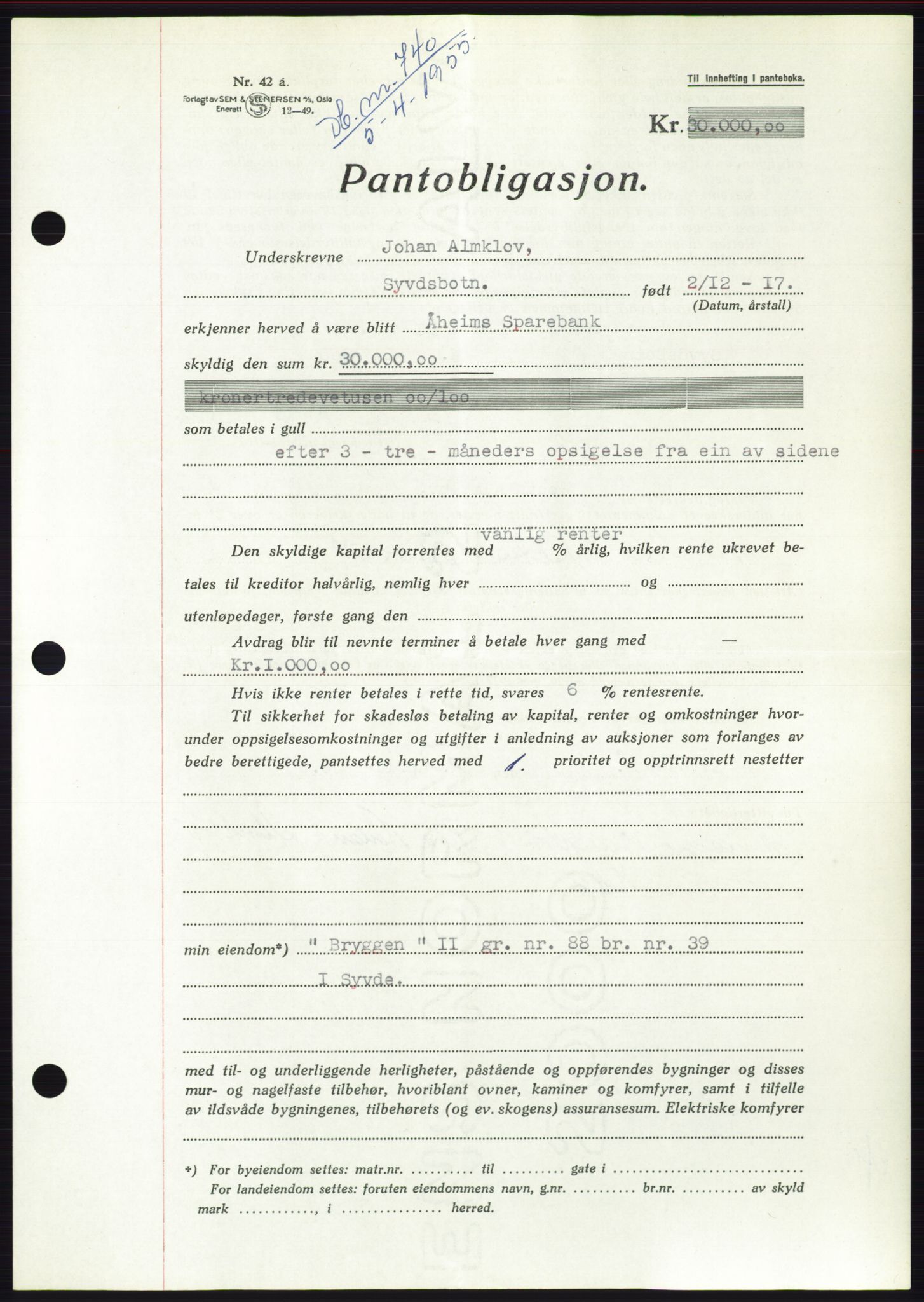 Søre Sunnmøre sorenskriveri, AV/SAT-A-4122/1/2/2C/L0126: Pantebok nr. 14B, 1954-1955, Dagboknr: 740/1955