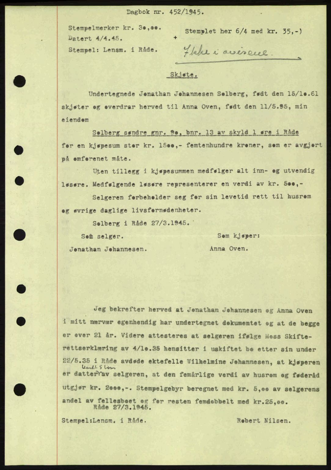 Moss sorenskriveri, SAO/A-10168: Pantebok nr. A13, 1944-1945, Dagboknr: 452/1945