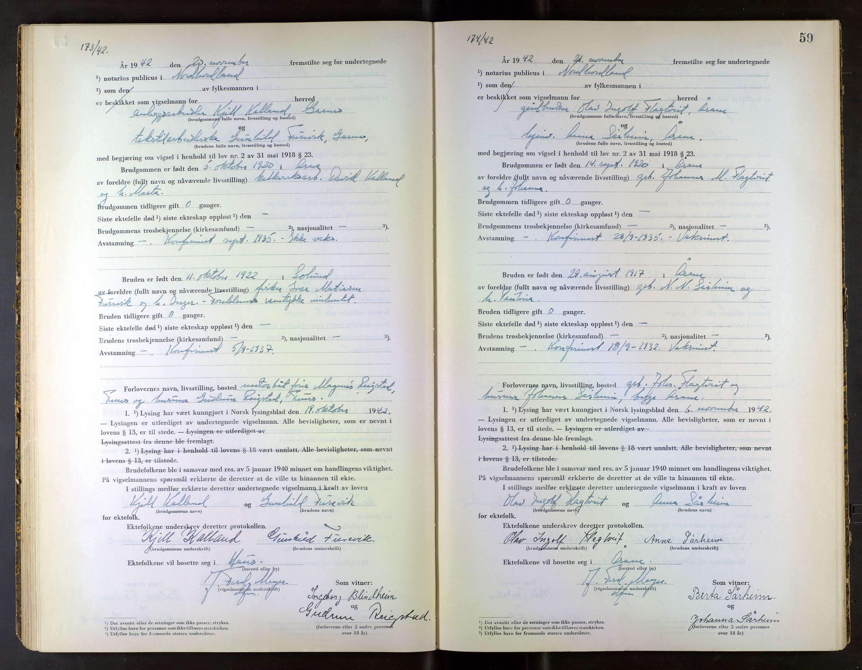 Nordhordland sorenskrivar, AV/SAB-A-2901/1/M/Mb/Mba/L0002: Vigselbøker, 1942-1943, s. 59