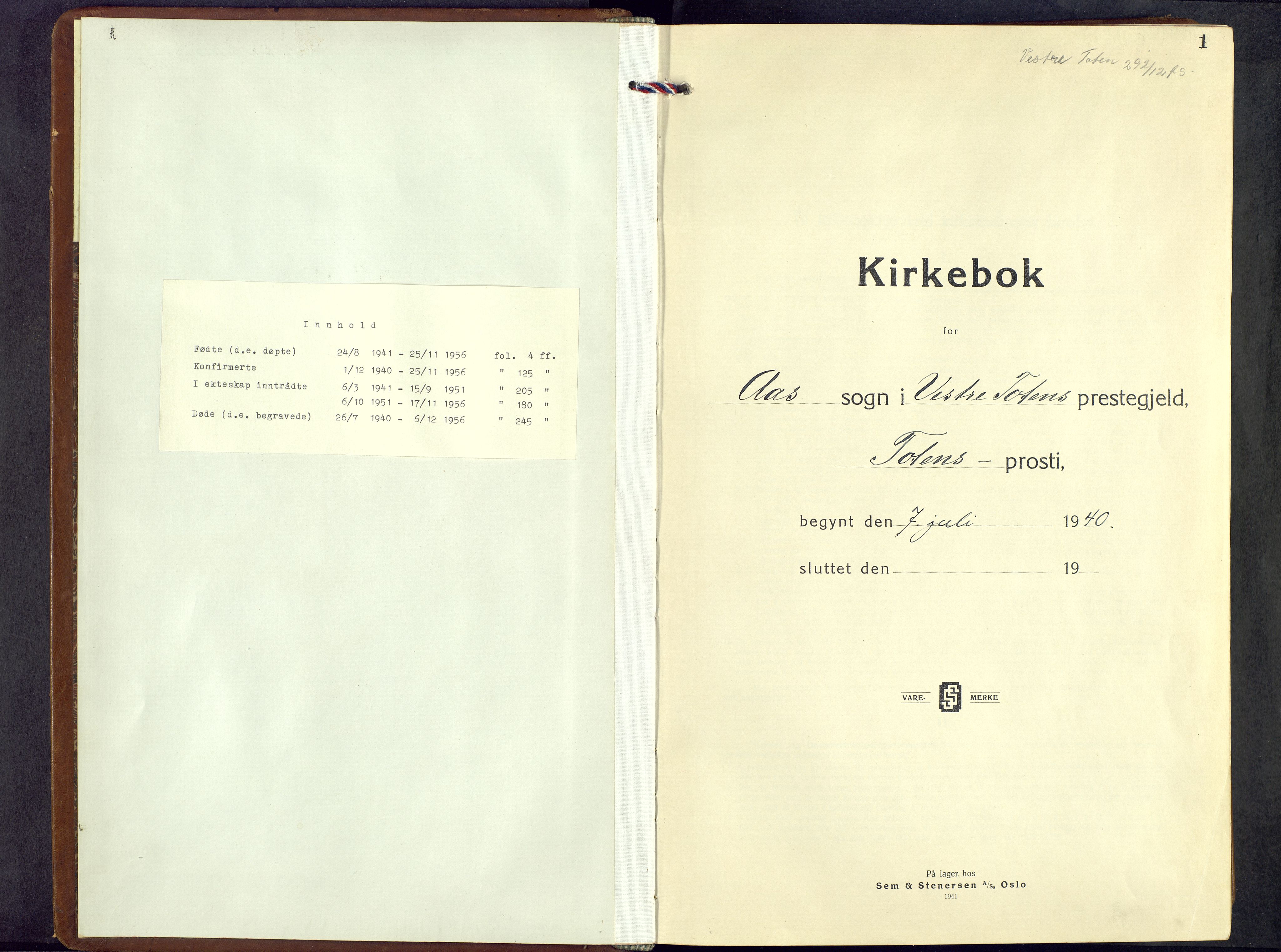 Vestre Toten prestekontor, SAH/PREST-108/H/Ha/Hab/L0013: Klokkerbok nr. 13, 1940-1956, s. 1