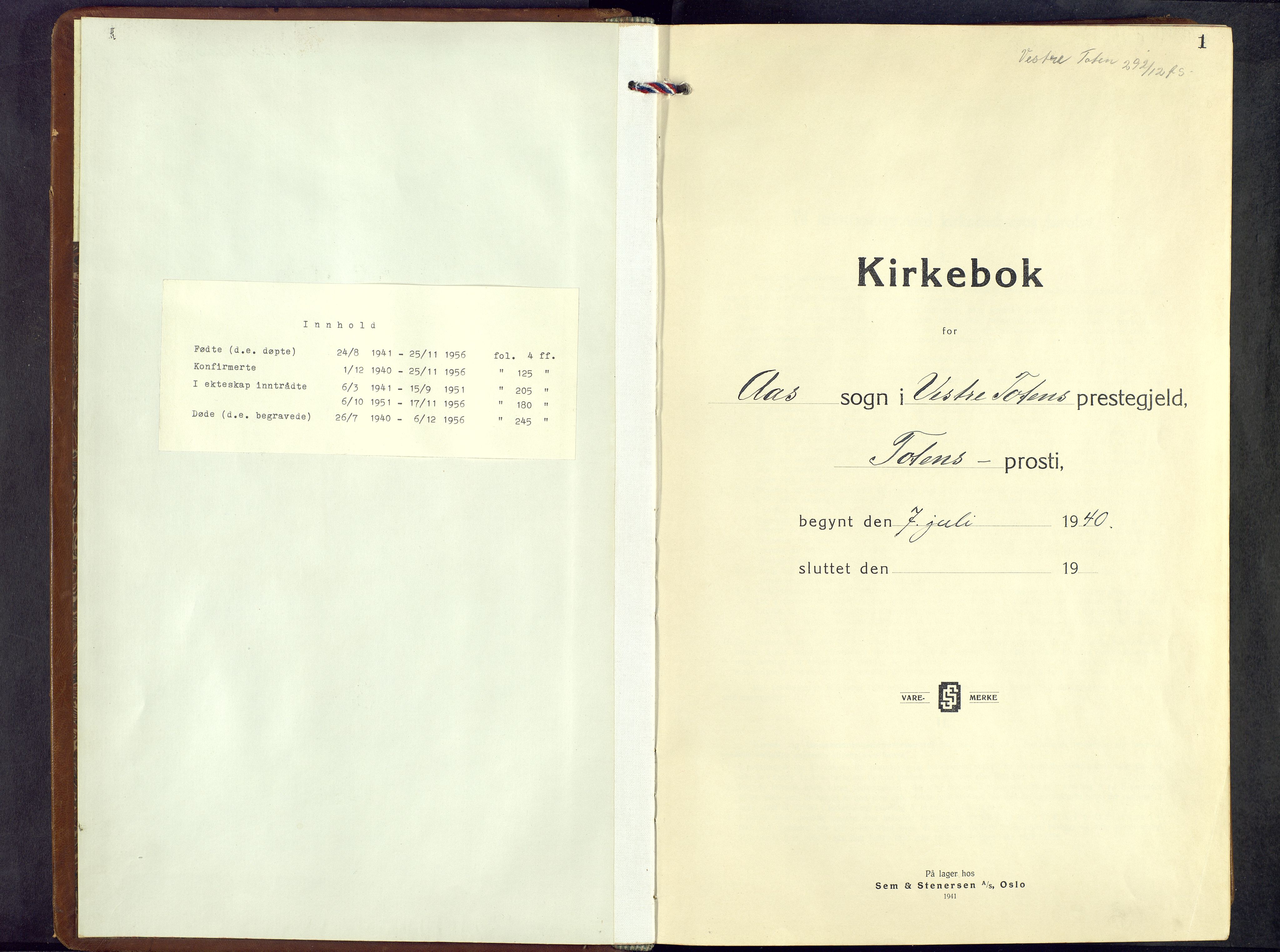 Vestre Toten prestekontor, AV/SAH-PREST-108/H/Ha/Hab/L0013: Klokkerbok nr. 13, 1940-1956, s. 1