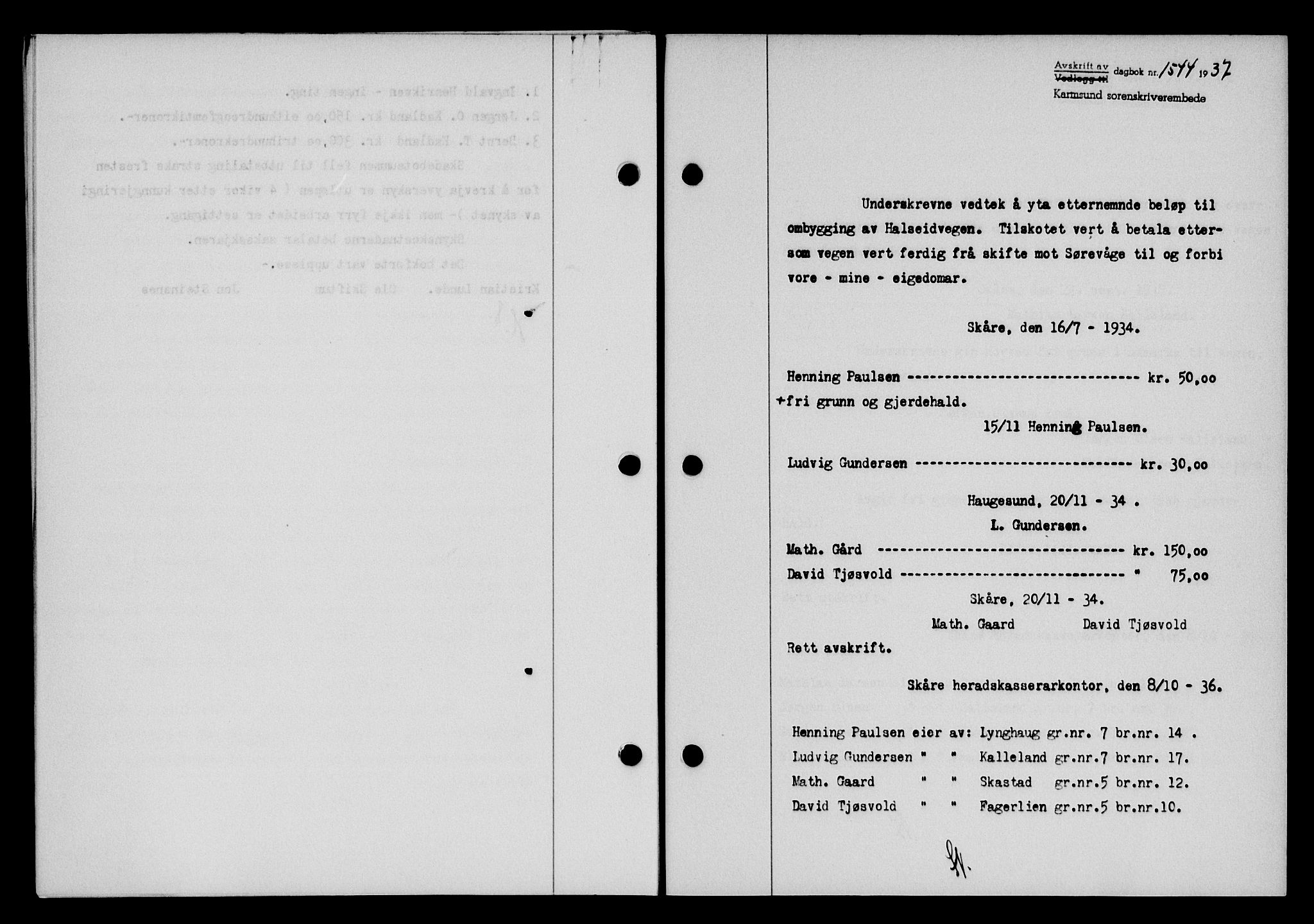 Karmsund sorenskriveri, SAST/A-100311/01/II/IIB/L0068: Pantebok nr. 49A, 1937-1937, Dagboknr: 1544/1937