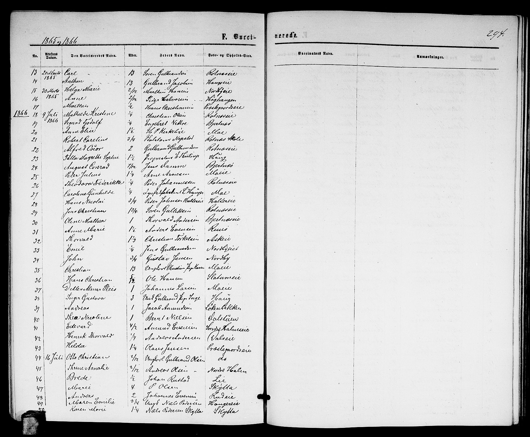 Nittedal prestekontor Kirkebøker, SAO/A-10365a/G/Ga/L0001: Klokkerbok nr. I 1, 1859-1878, s. 294