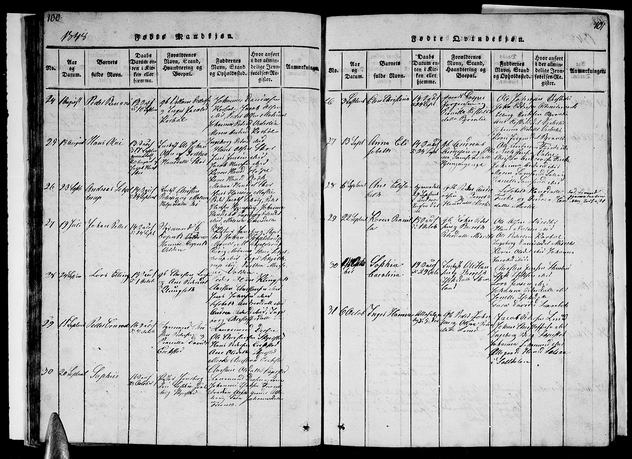 Ministerialprotokoller, klokkerbøker og fødselsregistre - Nordland, AV/SAT-A-1459/852/L0752: Klokkerbok nr. 852C03, 1840-1855, s. 100-101