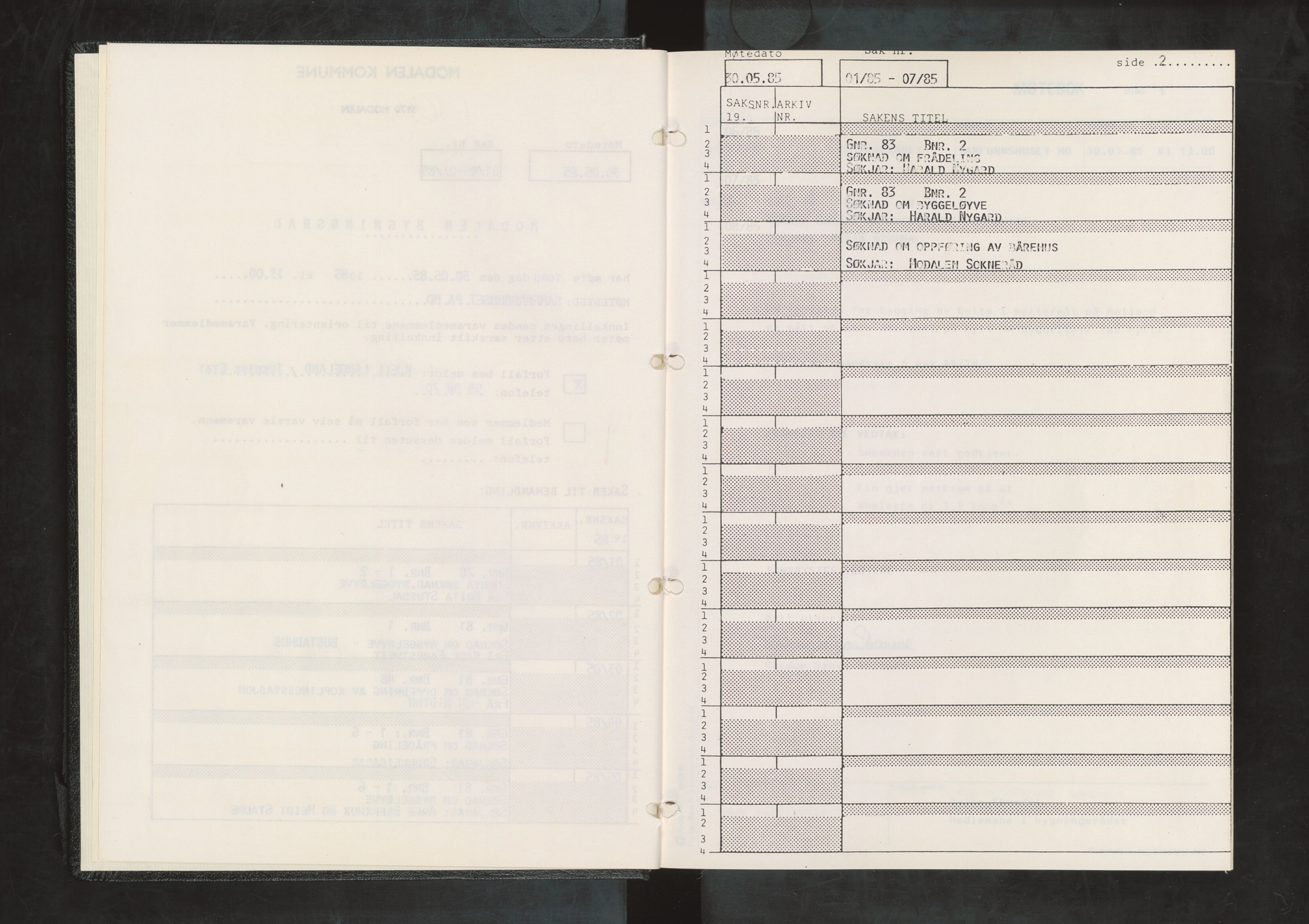 Modalen kommune. Bygningsrådet, IKAH/1252-511/A/Aa/L0002: Møtebok for Modalen bygningsråd, 1985-1990