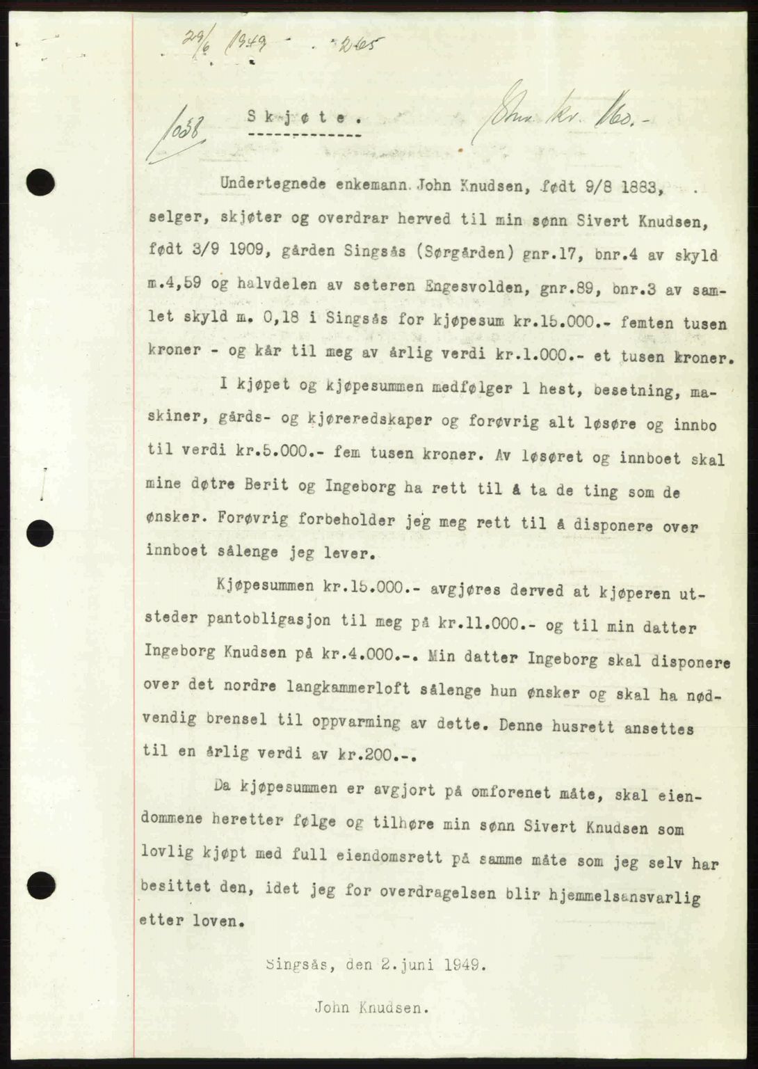 Gauldal sorenskriveri, SAT/A-0014/1/2/2C: Pantebok nr. A8, 1949-1949, Dagboknr: 1038/1949