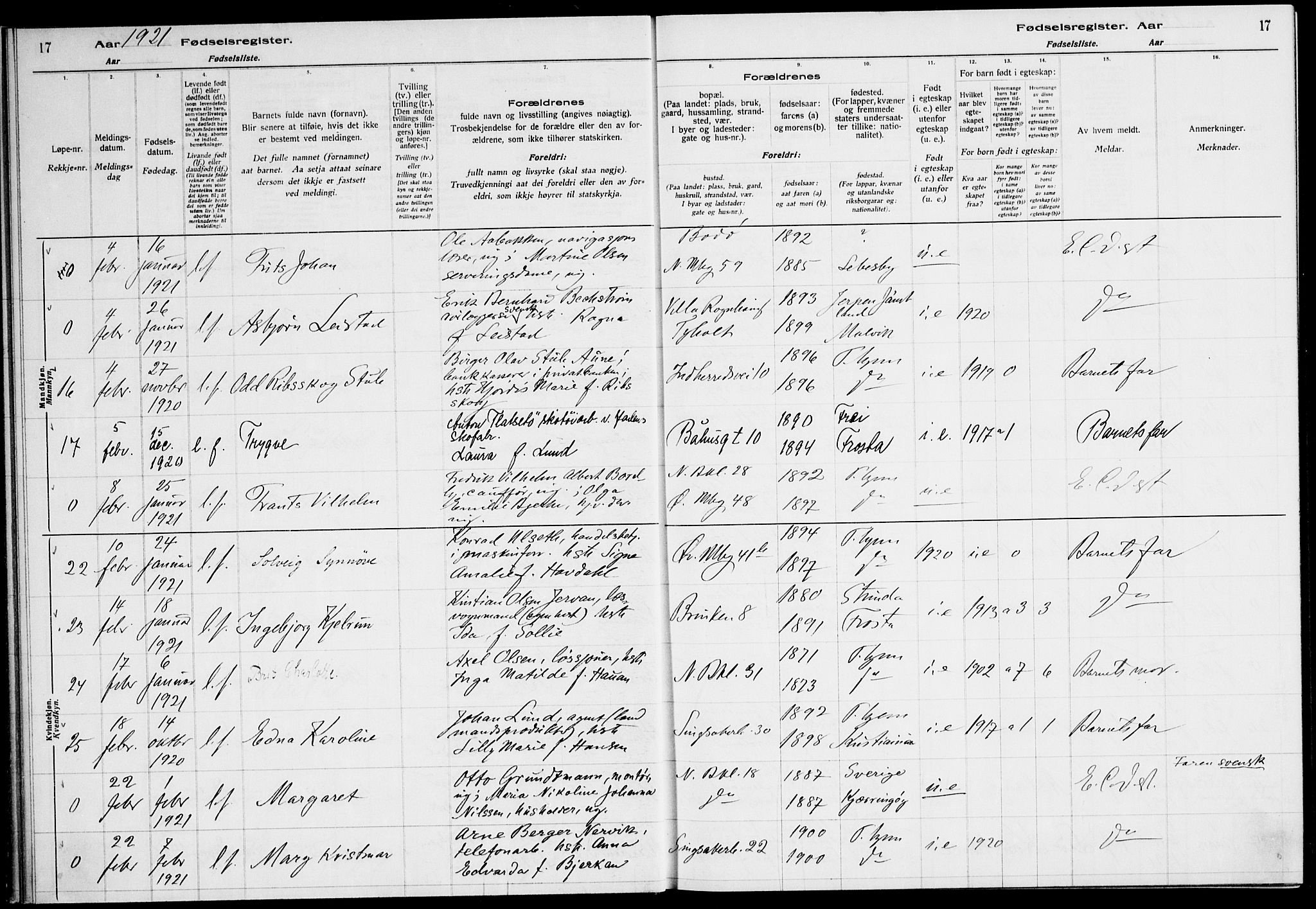 Ministerialprotokoller, klokkerbøker og fødselsregistre - Sør-Trøndelag, AV/SAT-A-1456/604/L0233: Fødselsregister nr. 604.II.4.2, 1920-1928, s. 17