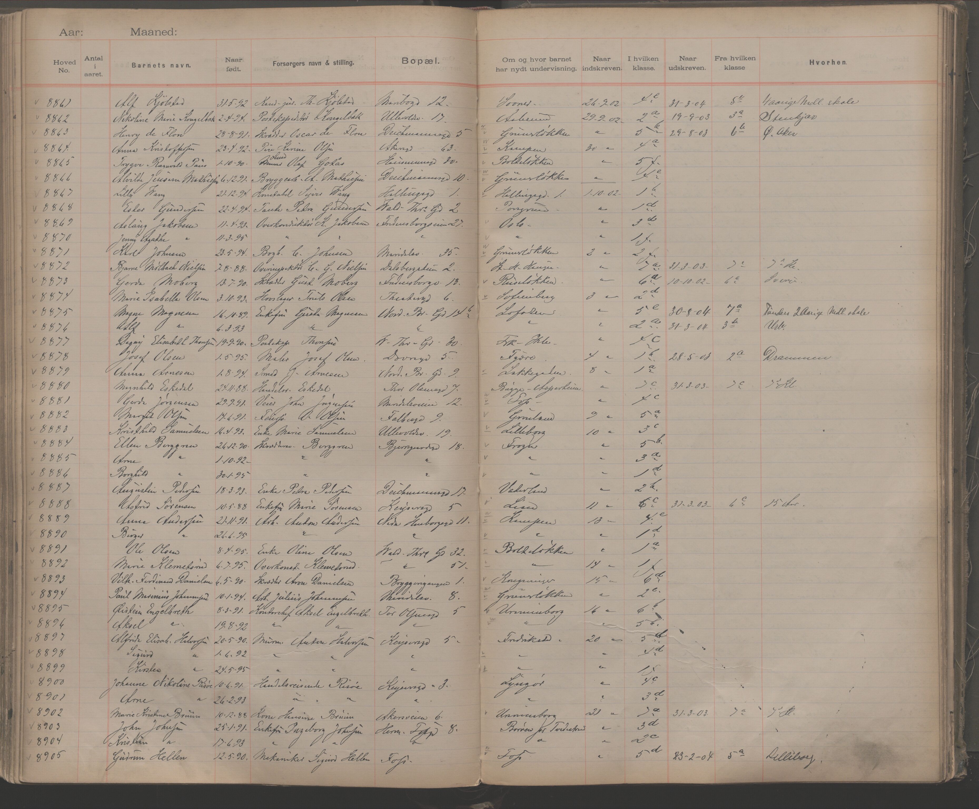 Møllergata skole, OBA/A-20129/F/Fa/L0001: Ut-/innskrivningsprotokoll, 1889-1907, s. 203