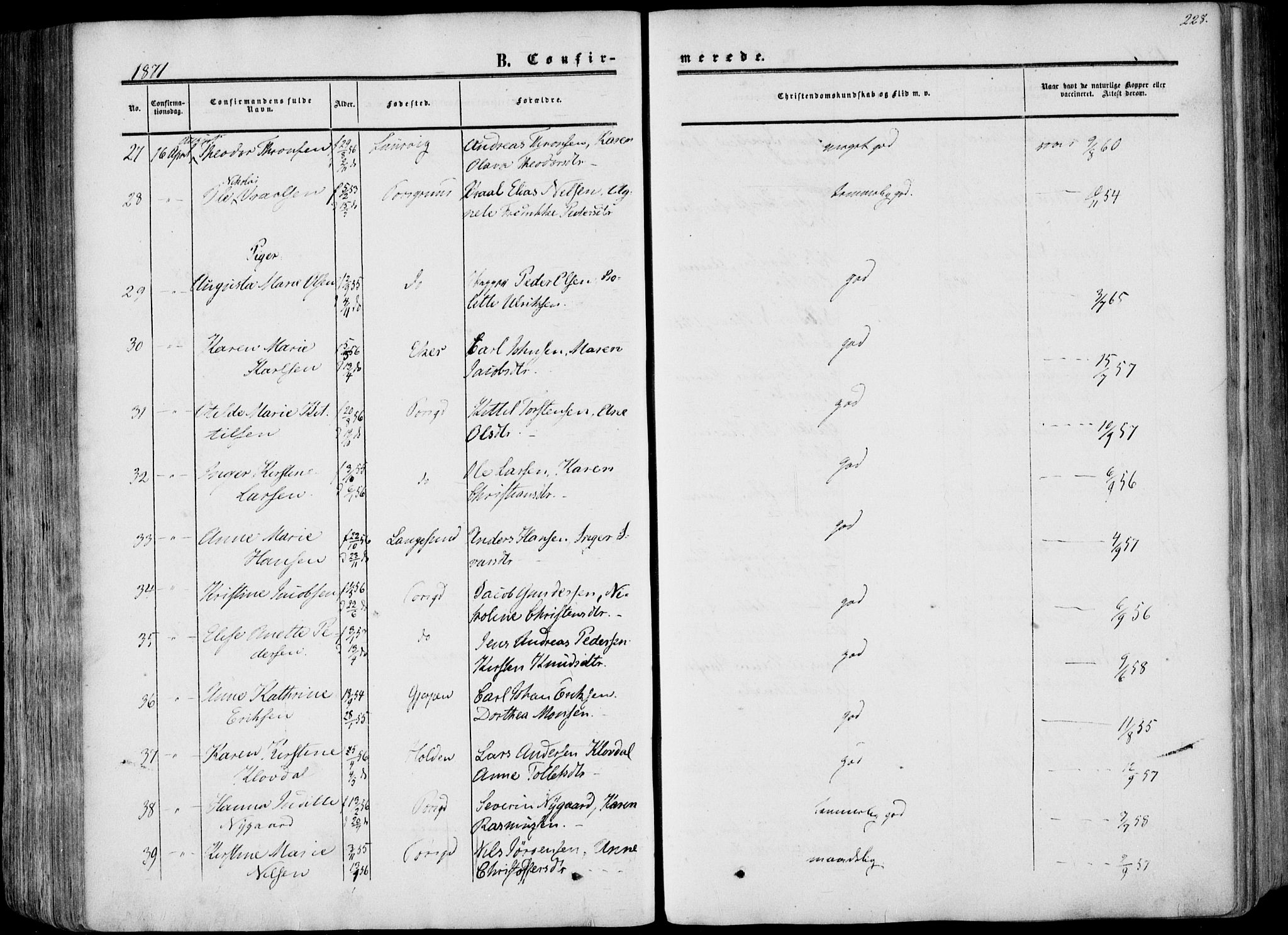 Porsgrunn kirkebøker , SAKO/A-104/F/Fa/L0007: Ministerialbok nr. 7, 1858-1877, s. 228