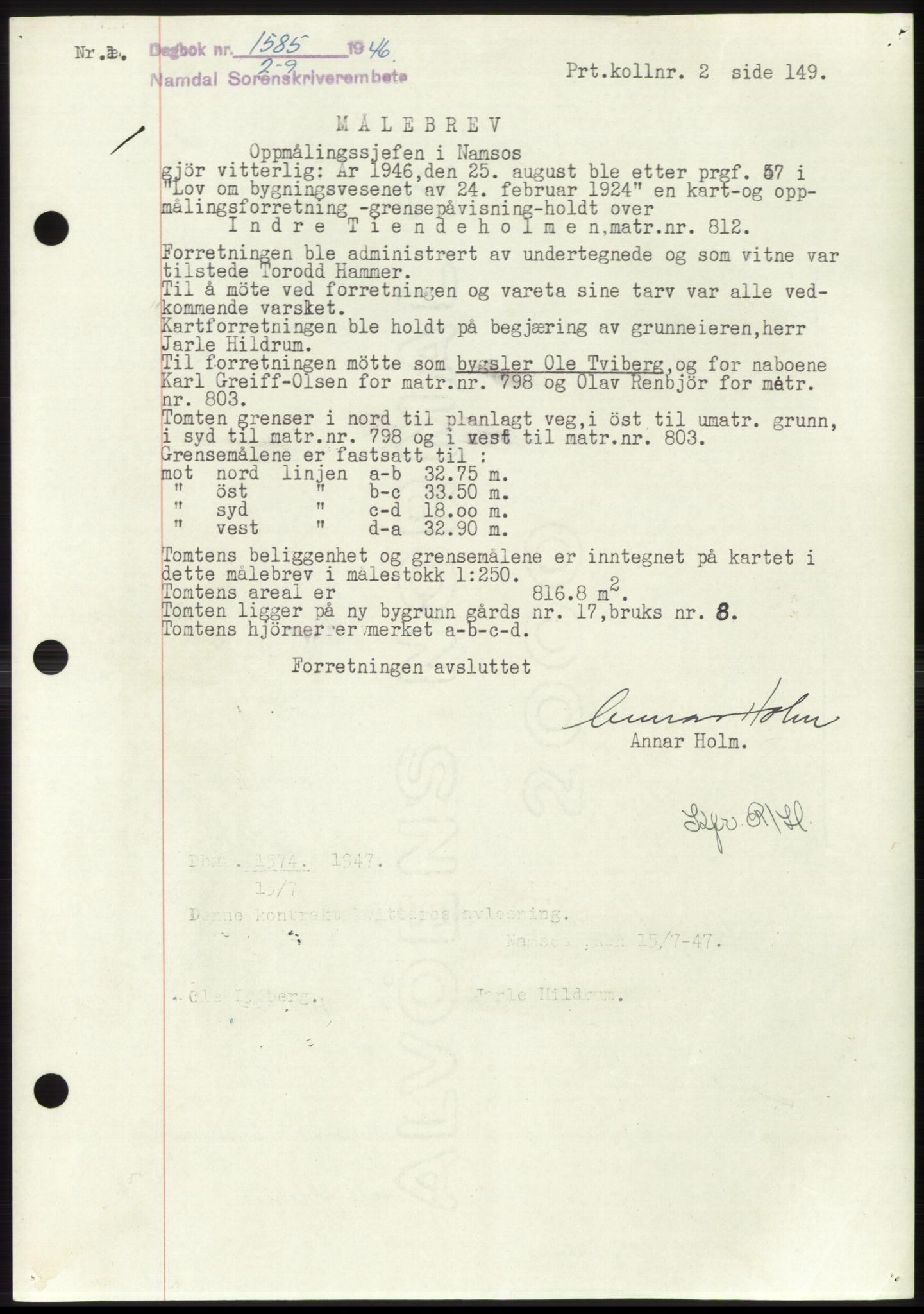 Namdal sorenskriveri, SAT/A-4133/1/2/2C: Pantebok nr. -, 1946-1947, Dagboknr: 1585/1946