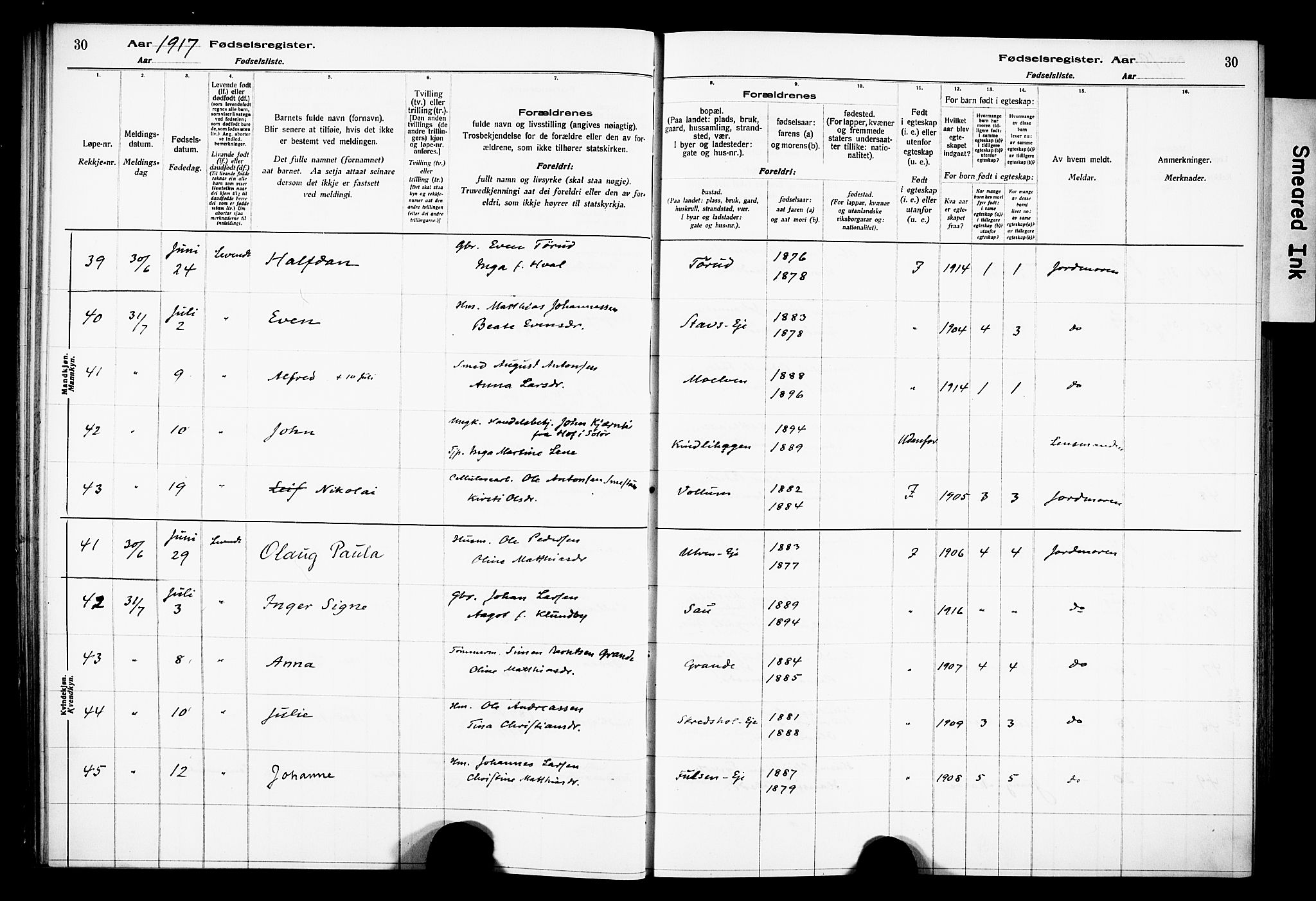 Ringsaker prestekontor, AV/SAH-PREST-014/O/Oa/L0001: Fødselsregister nr. 1, 1916-1925, s. 30