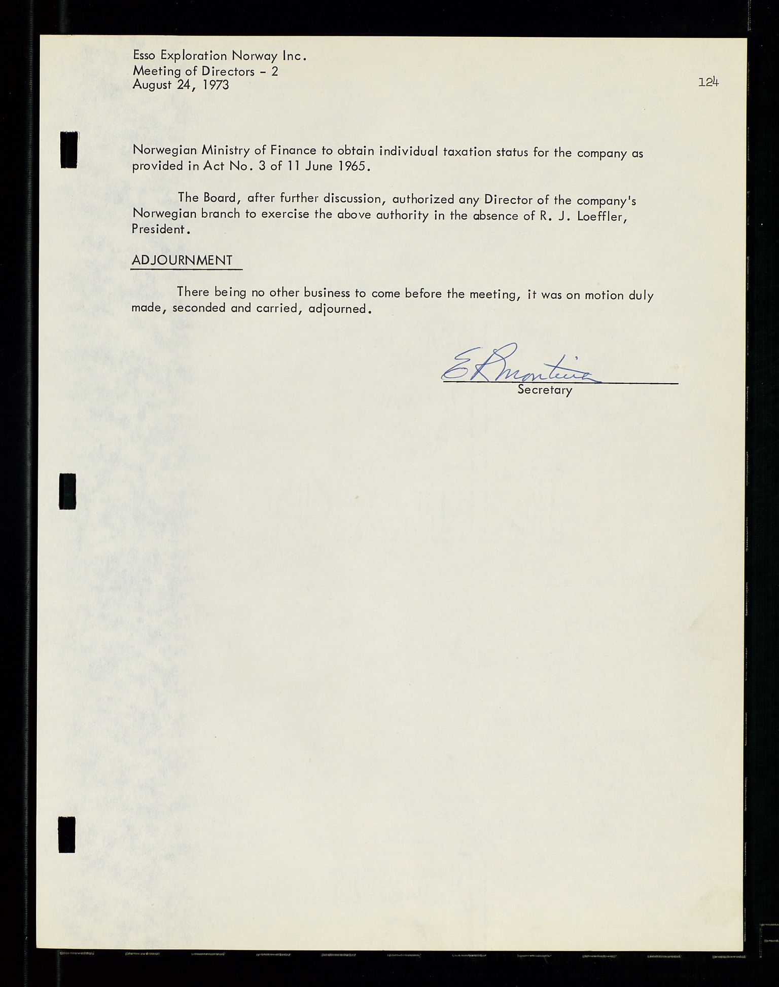 Pa 1512 - Esso Exploration and Production Norway Inc., SAST/A-101917/A/Aa/L0001/0001: Styredokumenter / Corporate records, By-Laws, Board meeting minutes, Incorporations, 1965-1975, s. 124