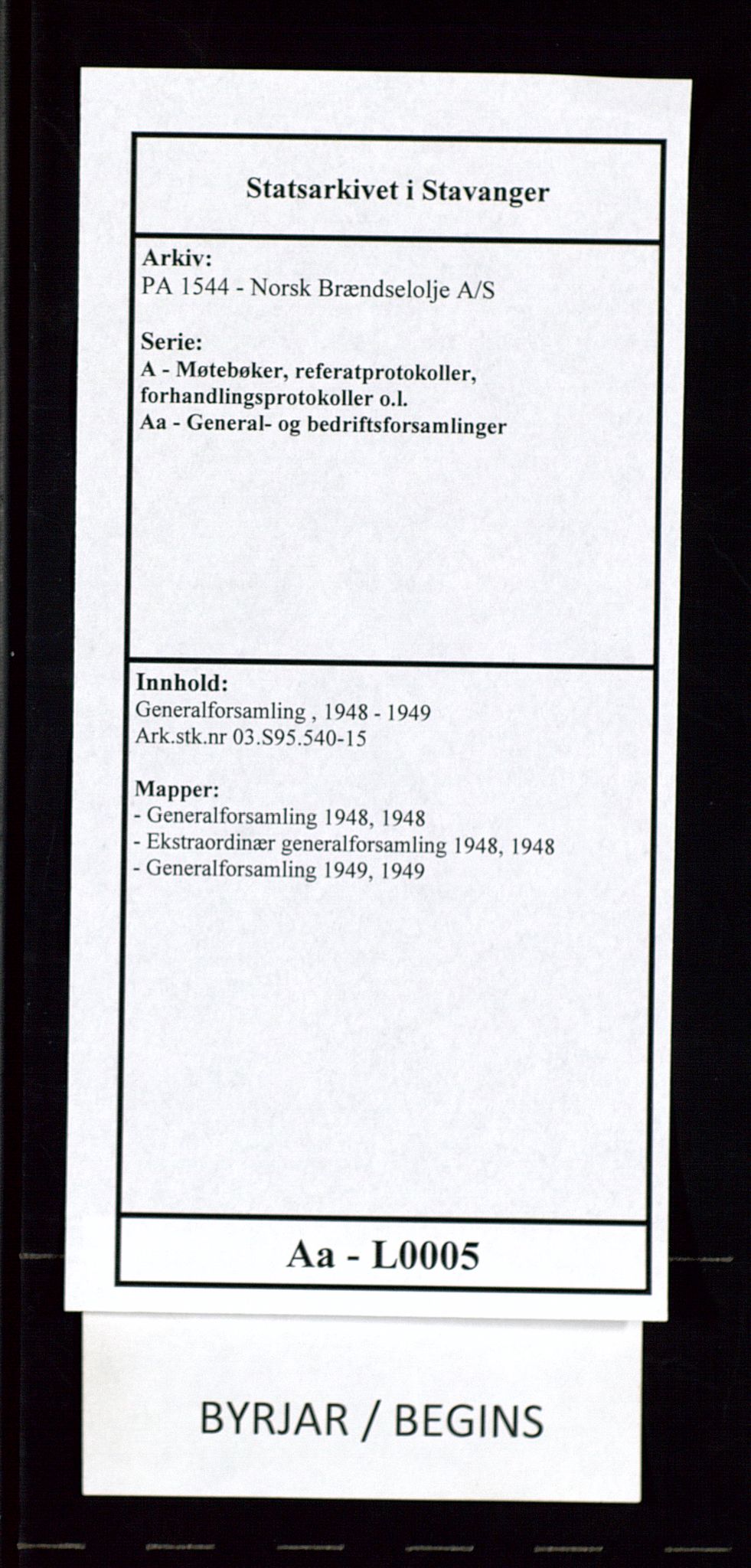 PA 1544 - Norsk Brændselolje A/S, AV/SAST-A-101965/1/A/Aa/L0005/0002: Generalforsamling  / Ekstraordinær generalforsamling 1948, 1948, s. 1