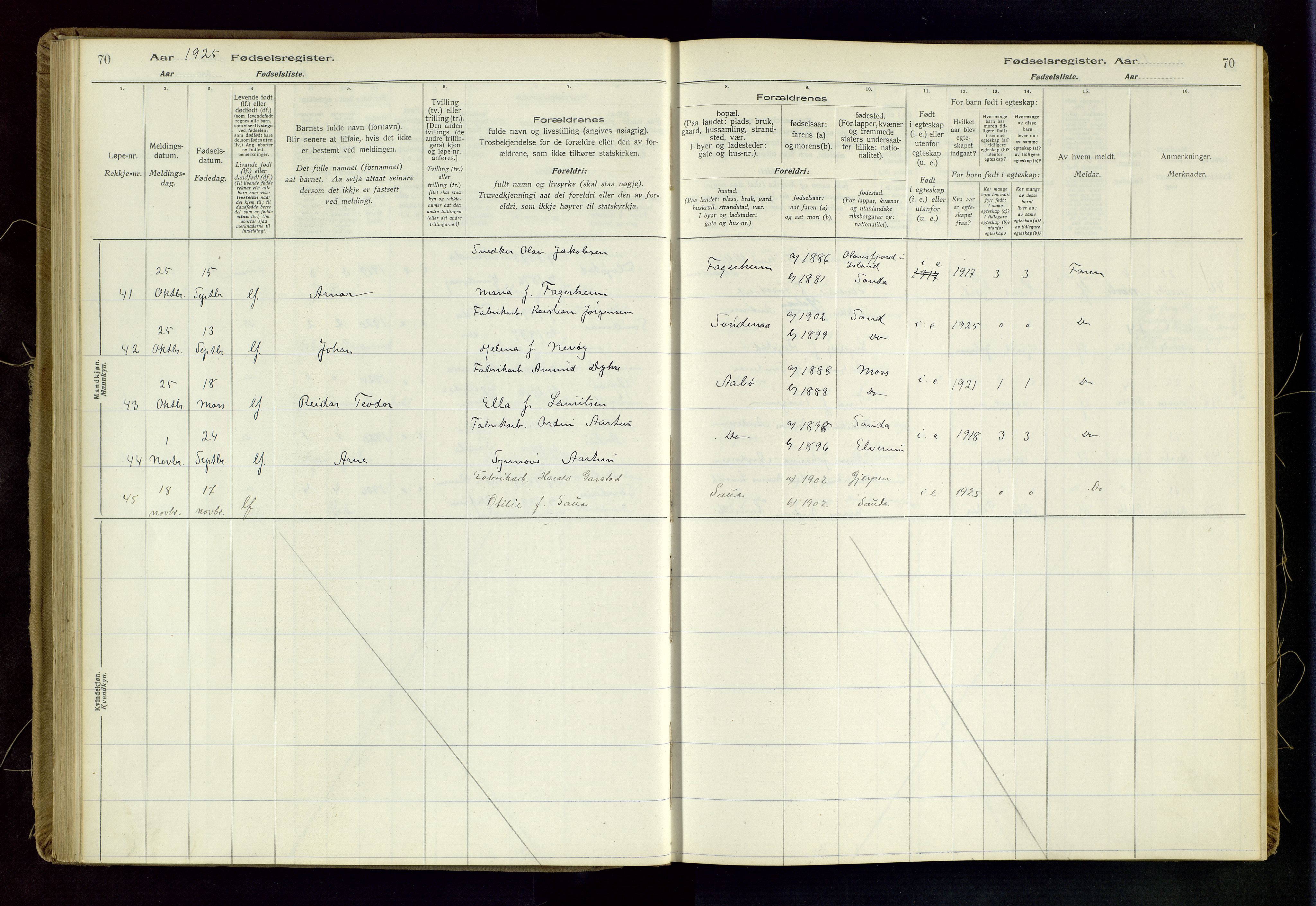 Sand sokneprestkontor, AV/SAST-A-101848/03/C/L0003: Fødselsregister nr. 3, 1916-1936, s. 70