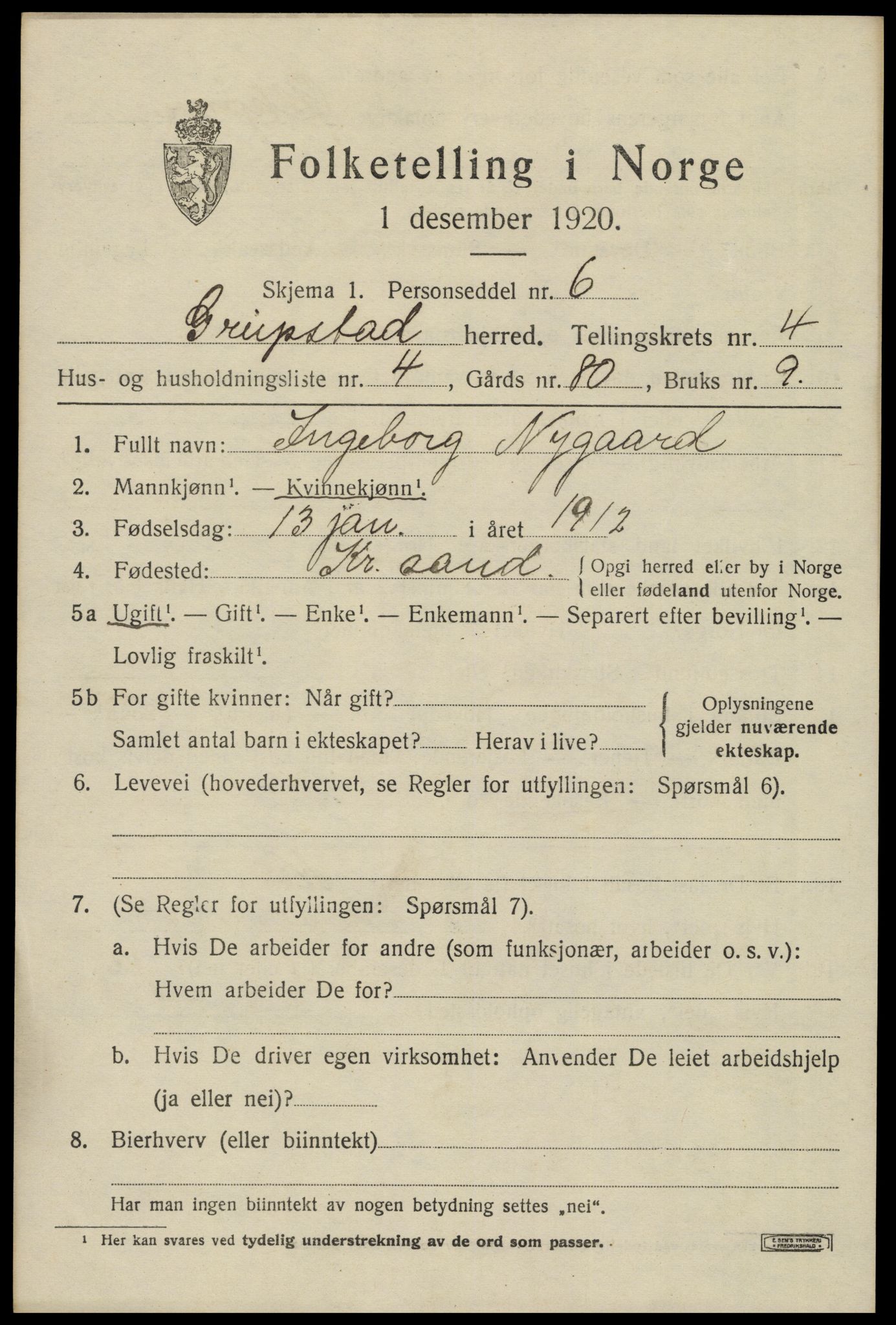 SAK, Folketelling 1920 for 1017 Greipstad herred, 1920, s. 1544
