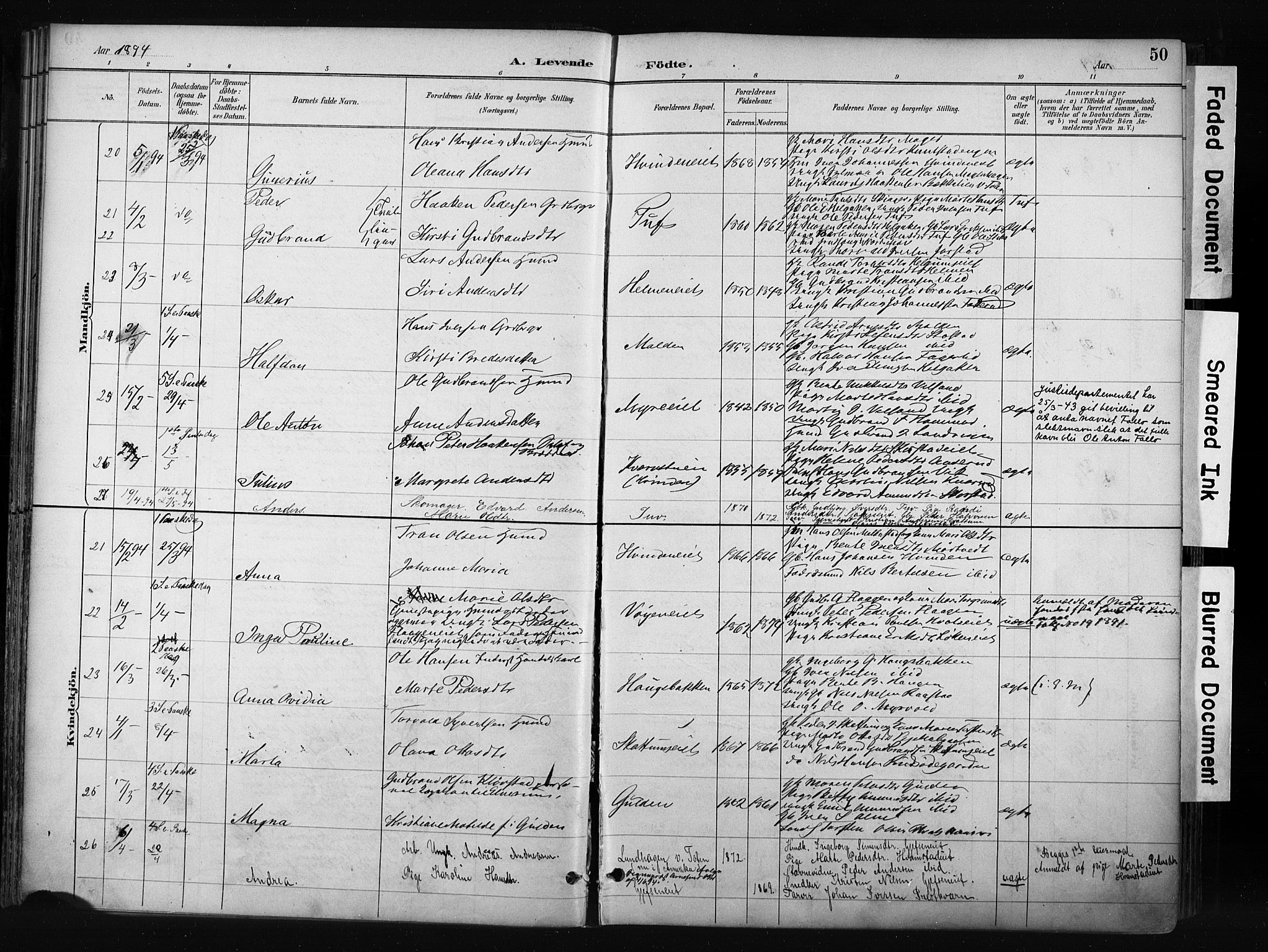 Gran prestekontor, AV/SAH-PREST-112/H/Ha/Haa/L0017: Ministerialbok nr. 17, 1889-1897, s. 50