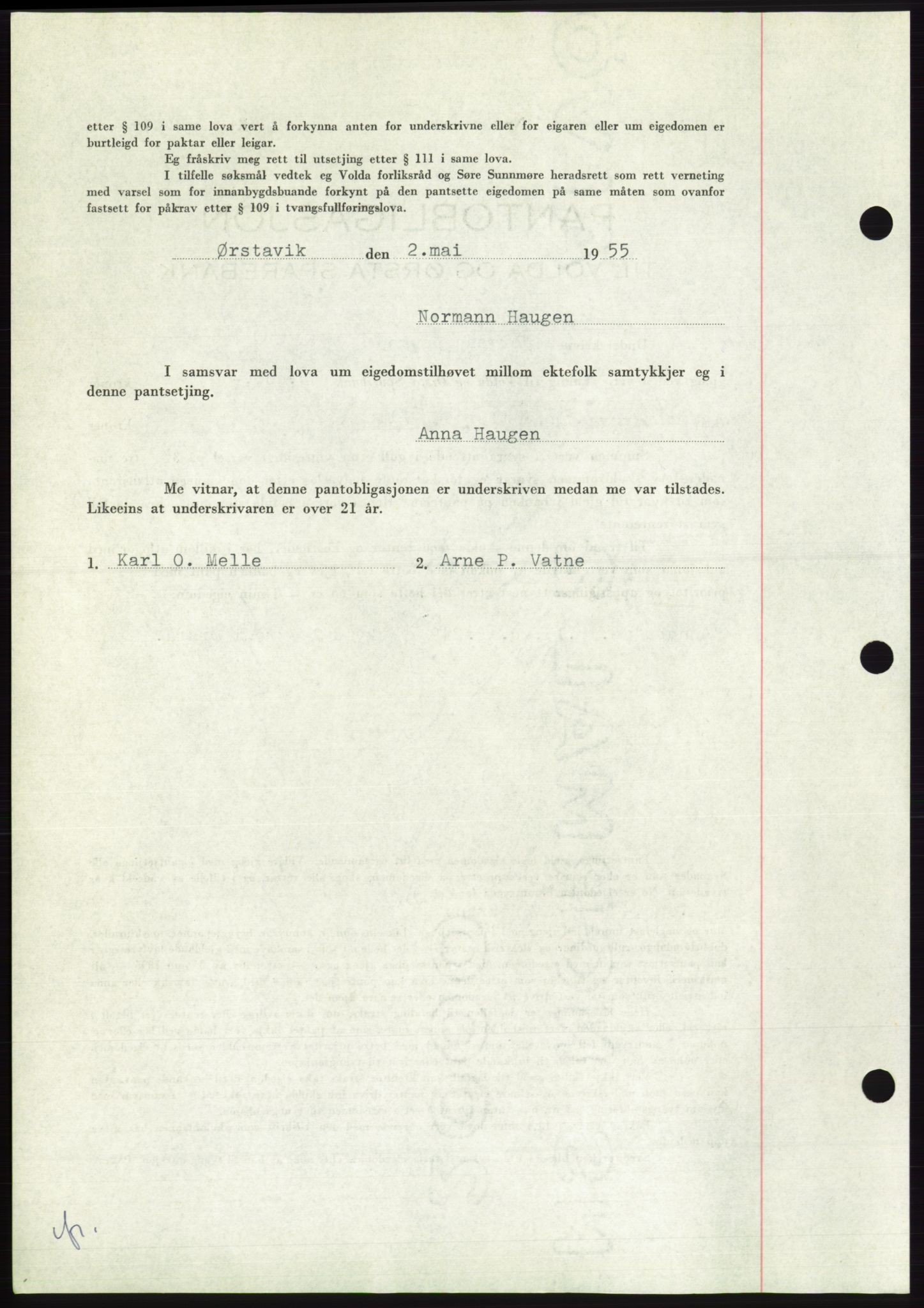 Søre Sunnmøre sorenskriveri, AV/SAT-A-4122/1/2/2C/L0126: Pantebok nr. 14B, 1954-1955, Dagboknr: 1009/1955