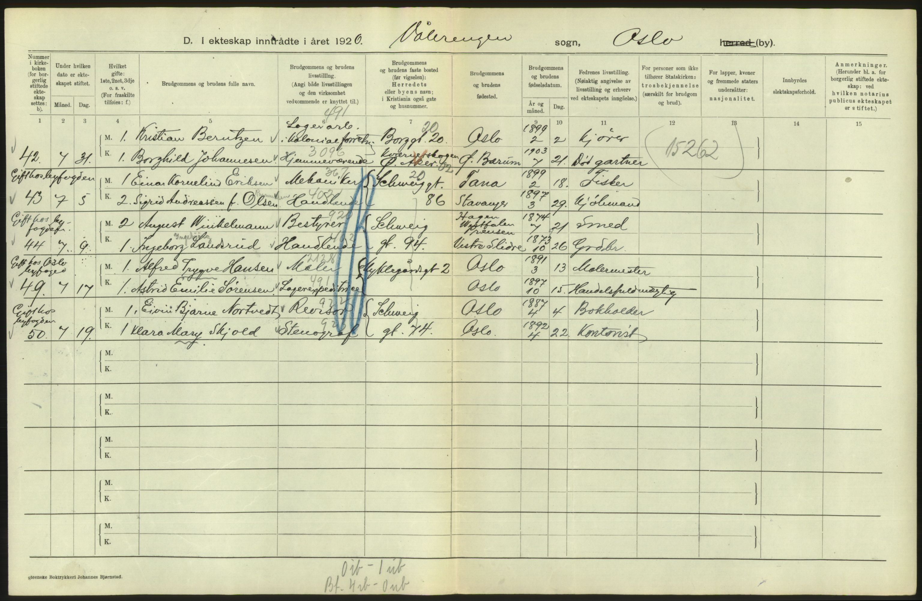 Statistisk sentralbyrå, Sosiodemografiske emner, Befolkning, AV/RA-S-2228/D/Df/Dfc/Dfcf/L0008: Oslo: Gifte, 1926, s. 598