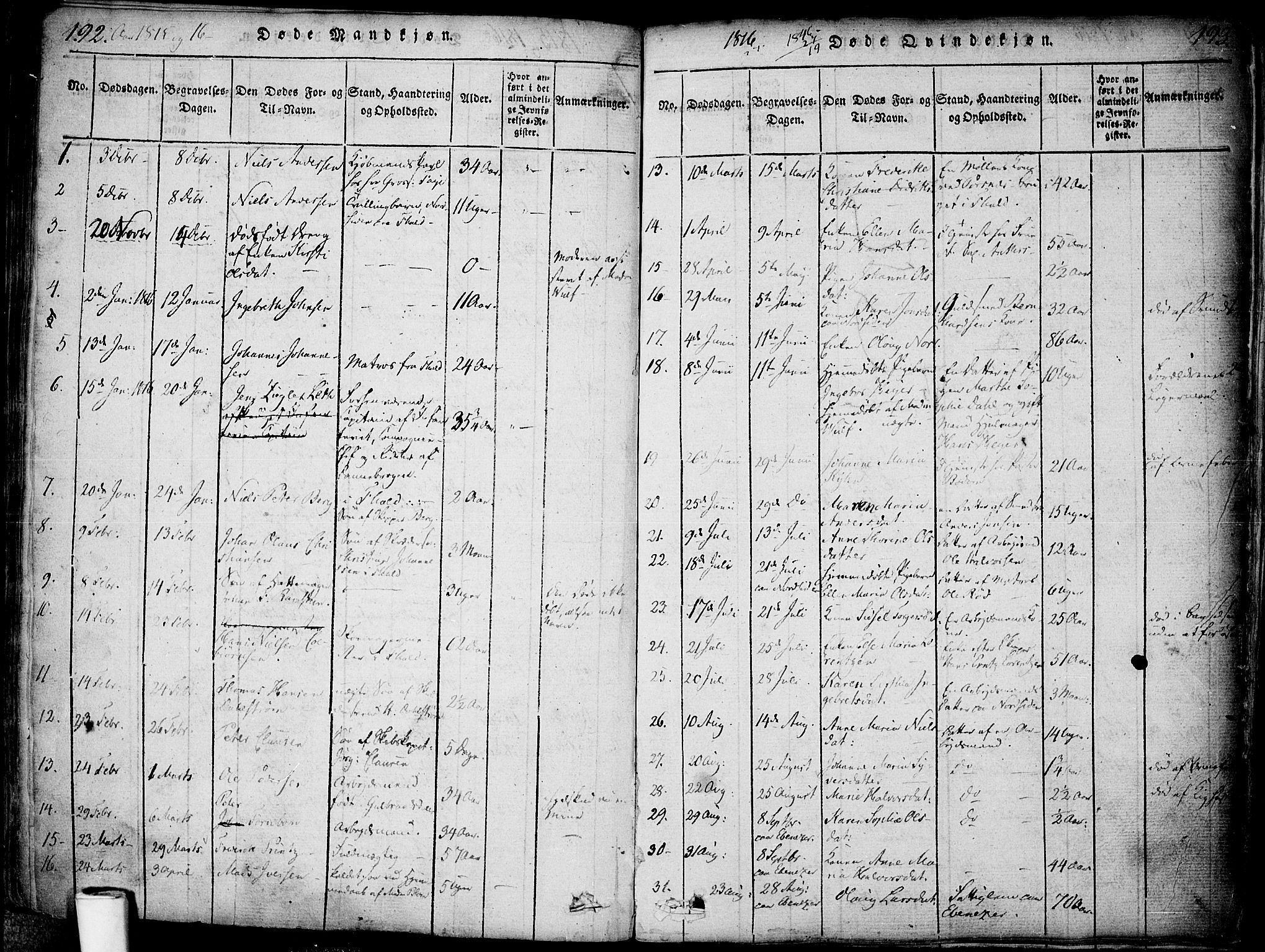 Halden prestekontor Kirkebøker, AV/SAO-A-10909/F/Fa/L0003: Ministerialbok nr. I 3, 1815-1834, s. 192-193