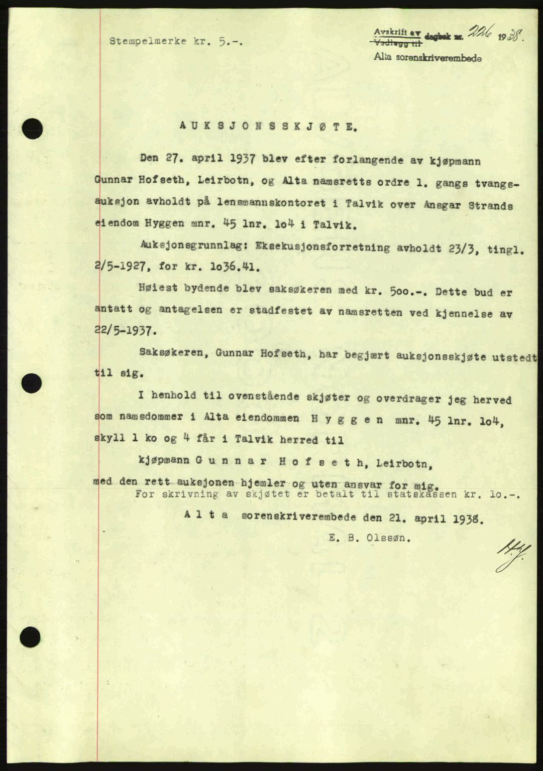 Alta fogderi/sorenskriveri, AV/SATØ-SATØ-5/1/K/Kd/L0031pantebok: Pantebok nr. 31, 1938-1939, Dagboknr: 226/1938