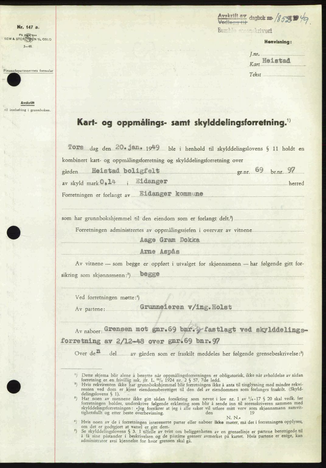 Bamble sorenskriveri, SAKO/A-214/G/Ga/Gag/L0015: Pantebok nr. A-15, 1949-1949, Dagboknr: 1852/1949