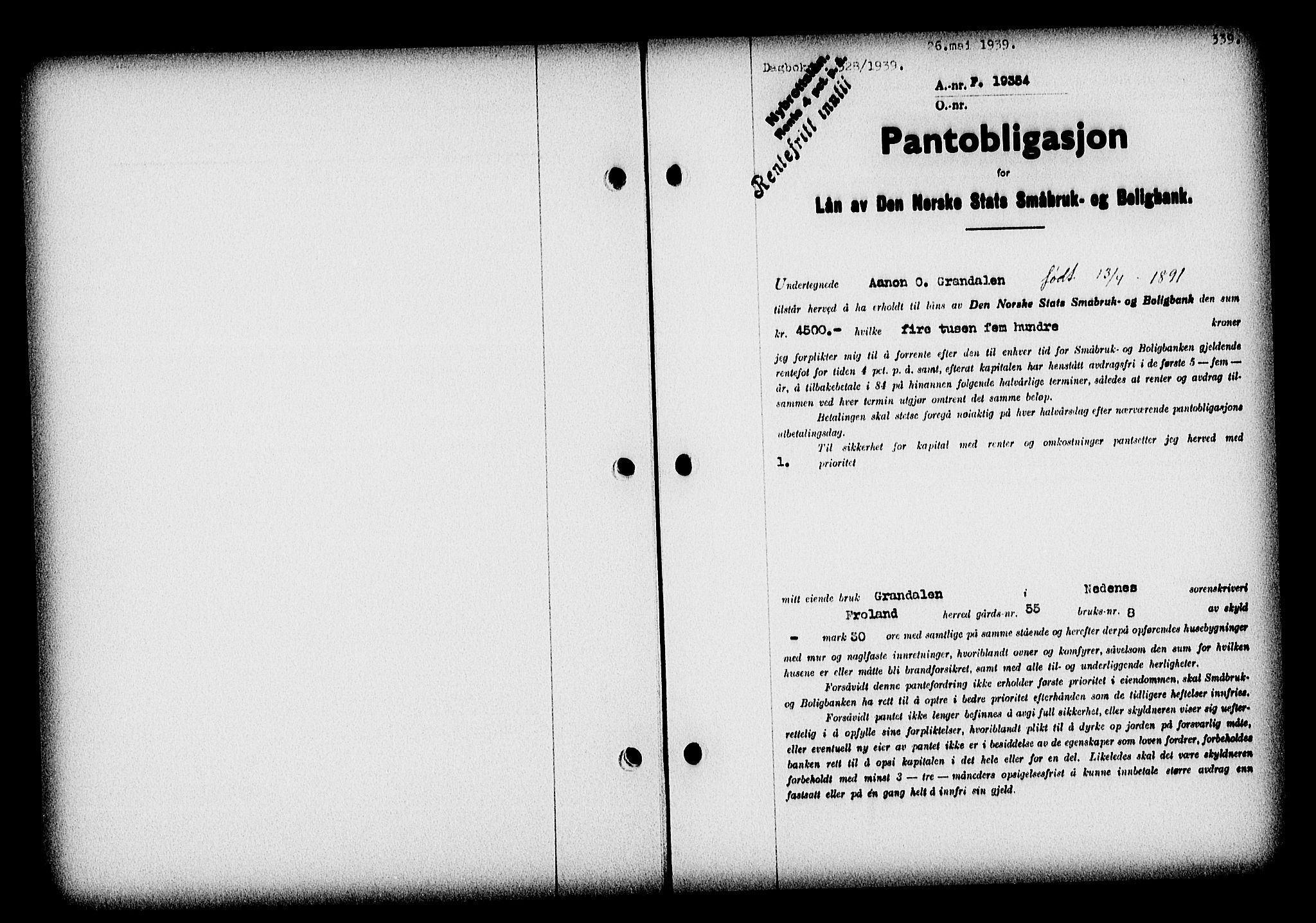 Nedenes sorenskriveri, SAK/1221-0006/G/Gb/Gba/L0046: Pantebok nr. 42, 1938-1939, Dagboknr: 528/1939