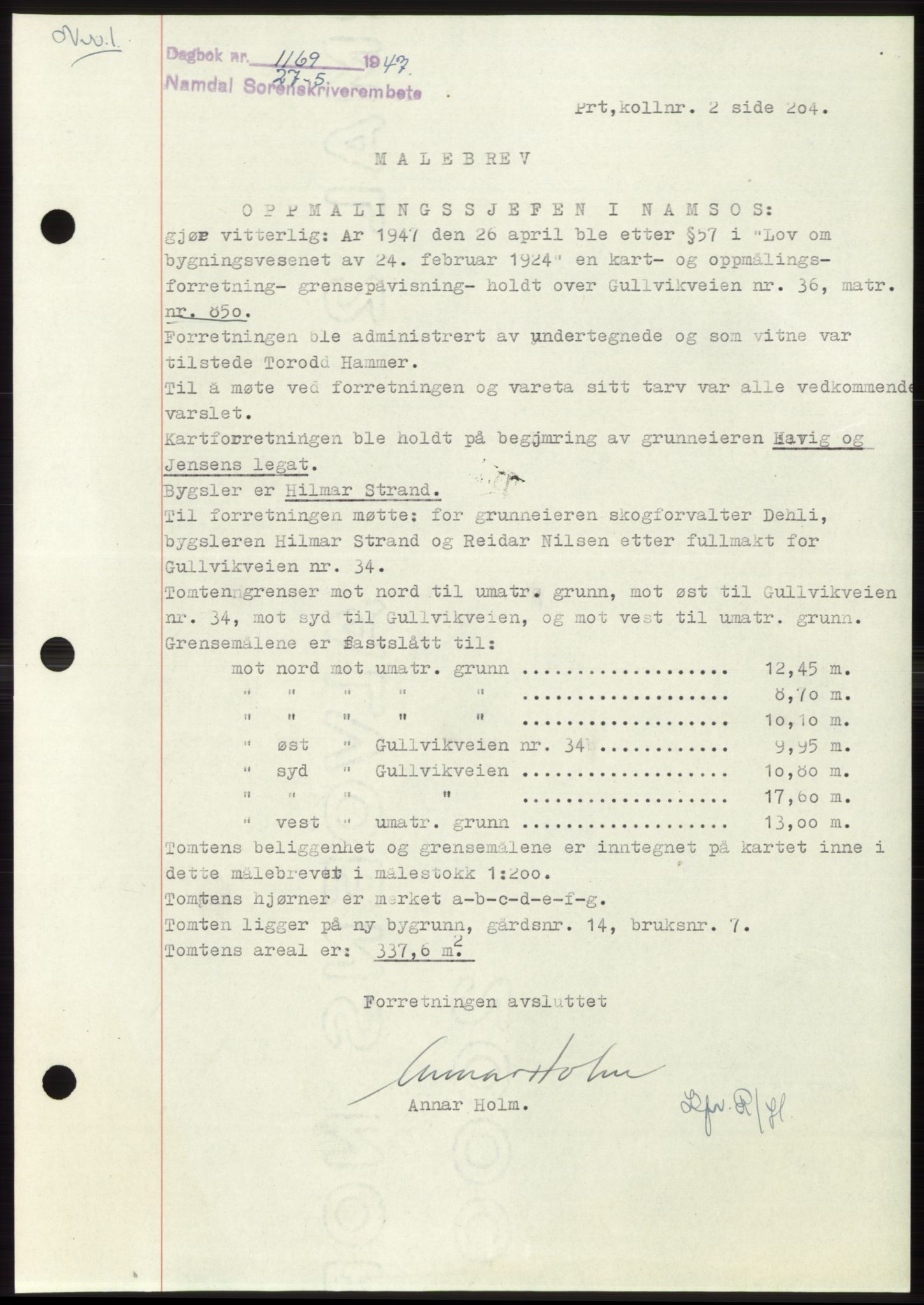 Namdal sorenskriveri, SAT/A-4133/1/2/2C: Pantebok nr. -, 1947-1947, Dagboknr: 1169/1947