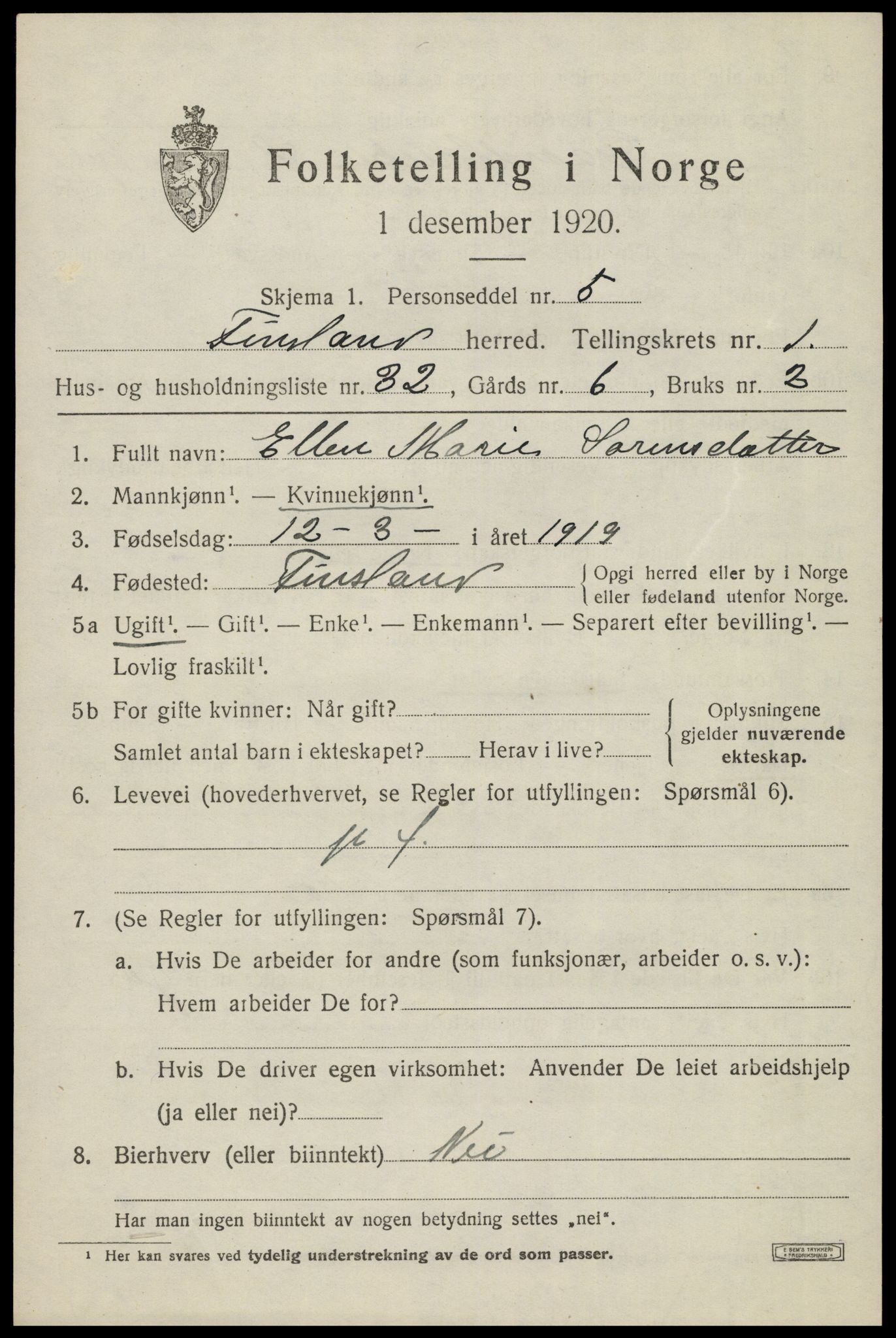 SAK, Folketelling 1920 for 1023 Finsland herred, 1920, s. 716