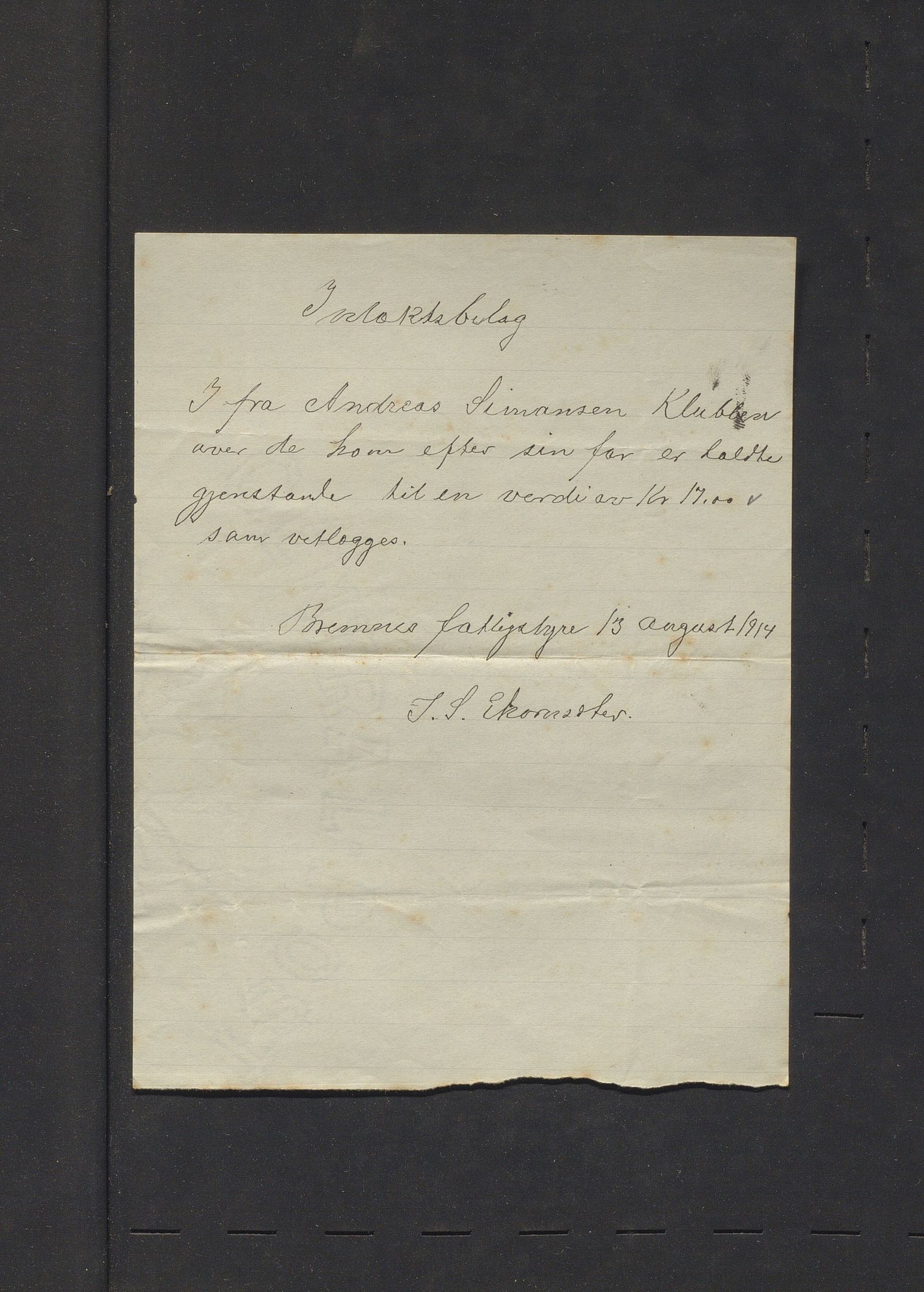 Bremnes kommune. Fattigkassen. Bremnes sokn / kommune, IKAH/1220-121.2/R/Ra/L0001/0006: Årsrekneskap for Bremnes fattigkasse / Årsrekneskap m/bilag 1 - 99, 1914-1915