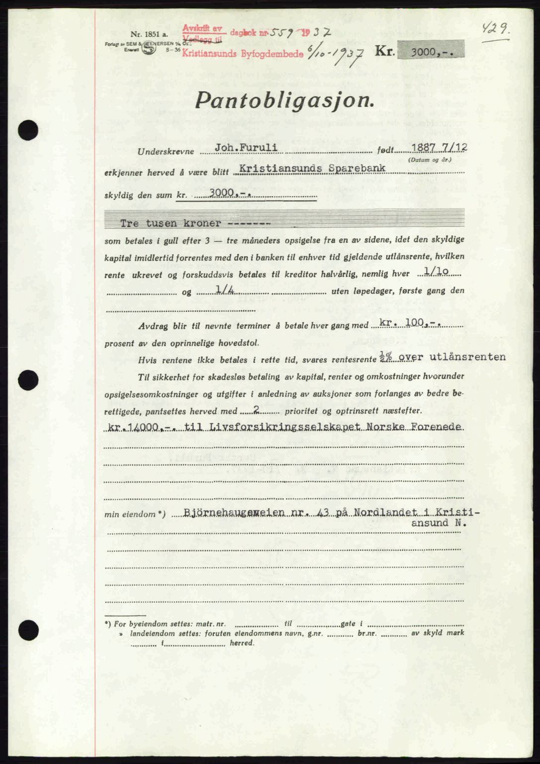 Kristiansund byfogd, AV/SAT-A-4587/A/27: Pantebok nr. 29, 1936-1937, Dagboknr: 559/1937