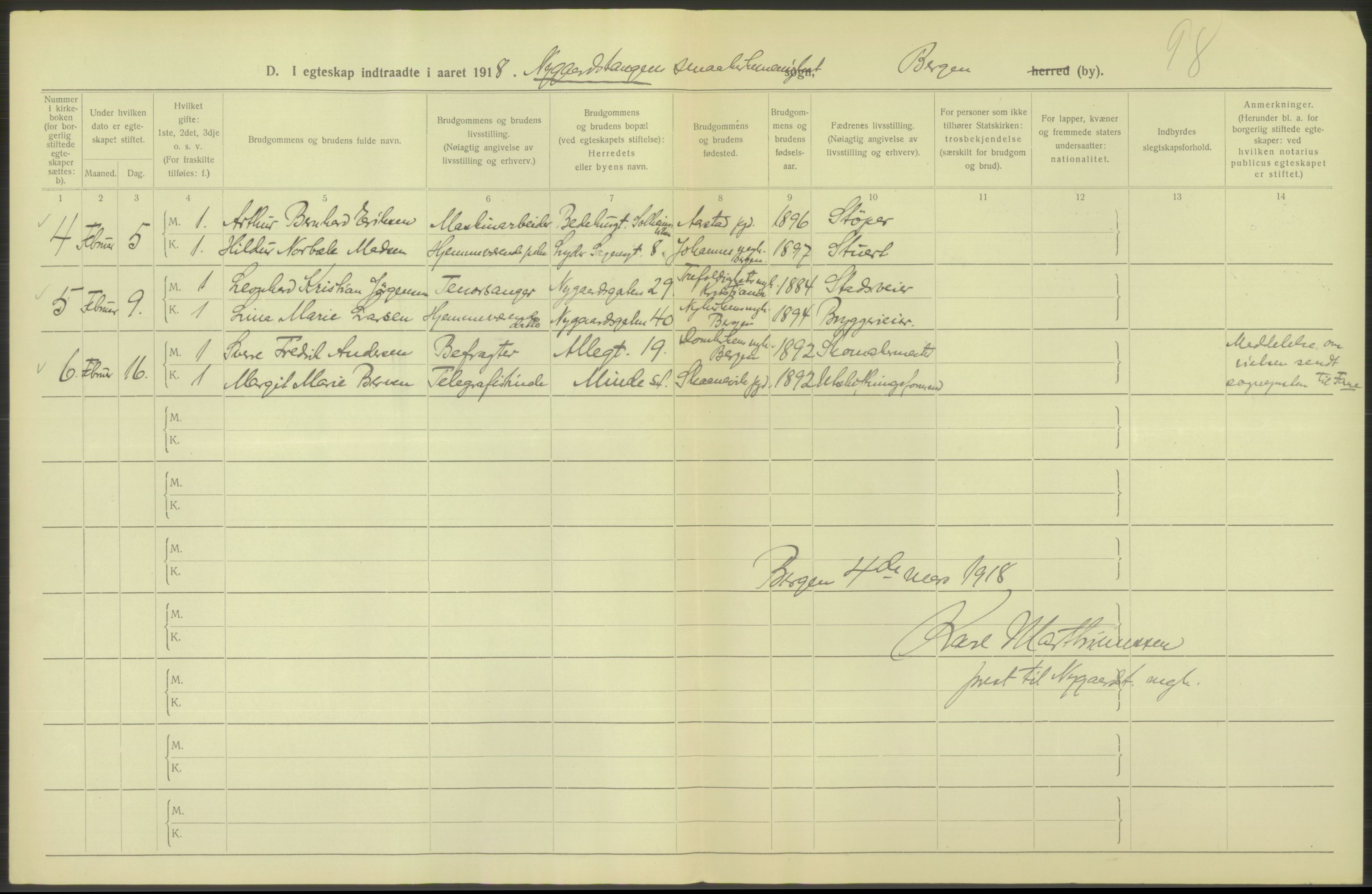 Statistisk sentralbyrå, Sosiodemografiske emner, Befolkning, AV/RA-S-2228/D/Df/Dfb/Dfbh/L0038: Bergen: Gifte, dødfødte., 1918, s. 6