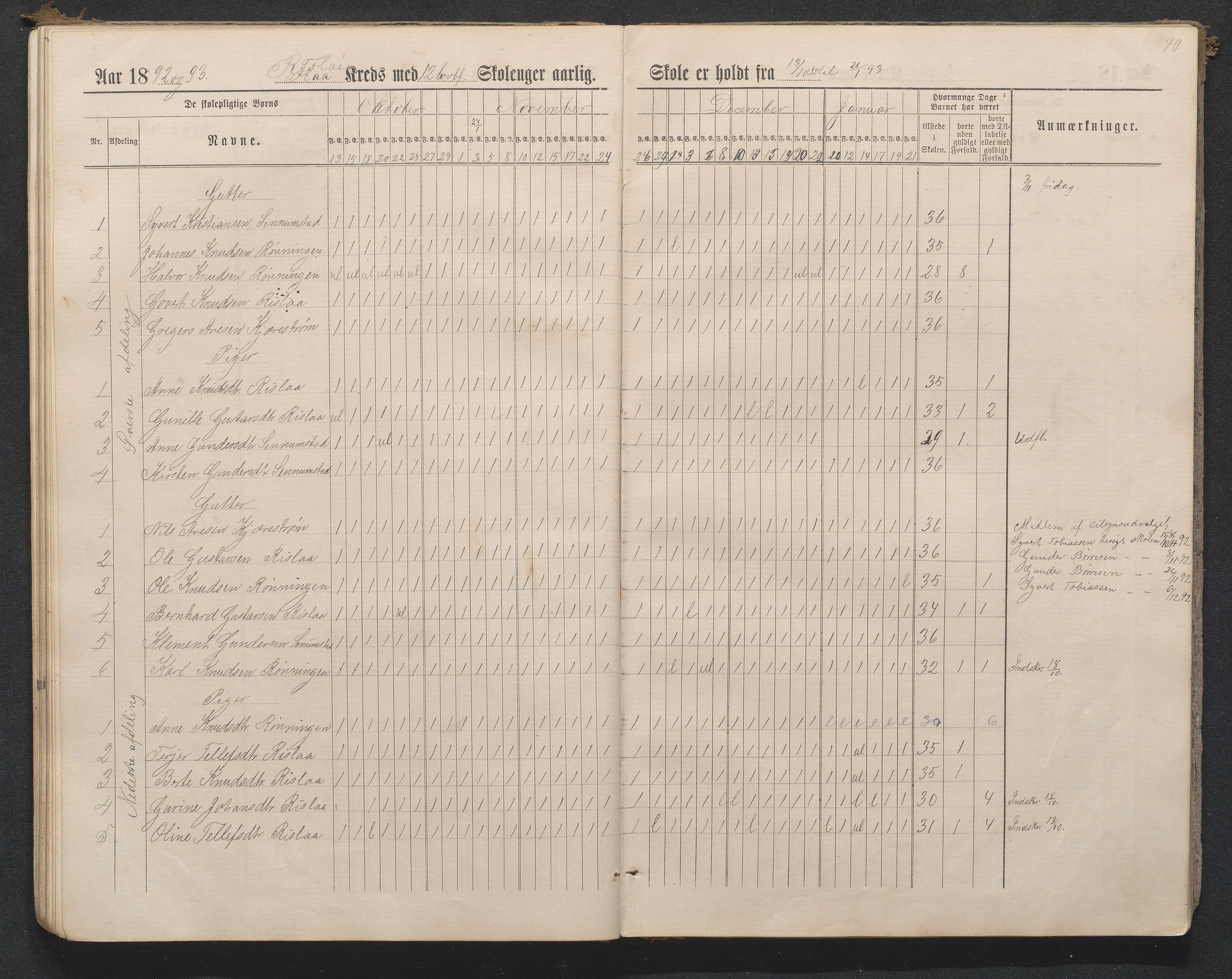 Birkenes kommune, Flå, Senumstad og Rislå skolekretser frem til 1991, AAKS/KA0928-550b_91/F02/L0001: Dagbok for Flå og Rislå, 1886-1900, s. 40