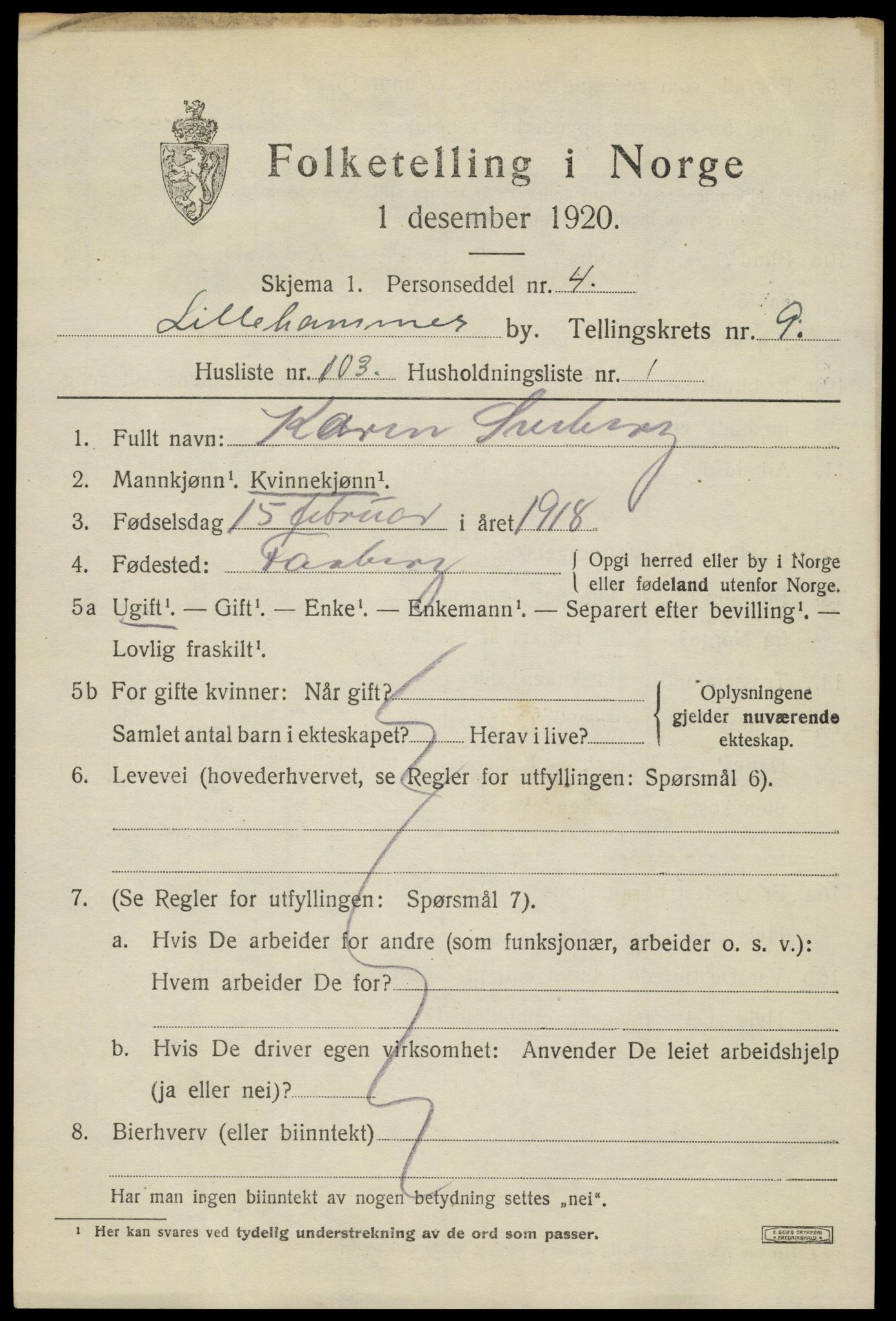 SAH, Folketelling 1920 for 0501 Lillehammer kjøpstad, 1920, s. 13314